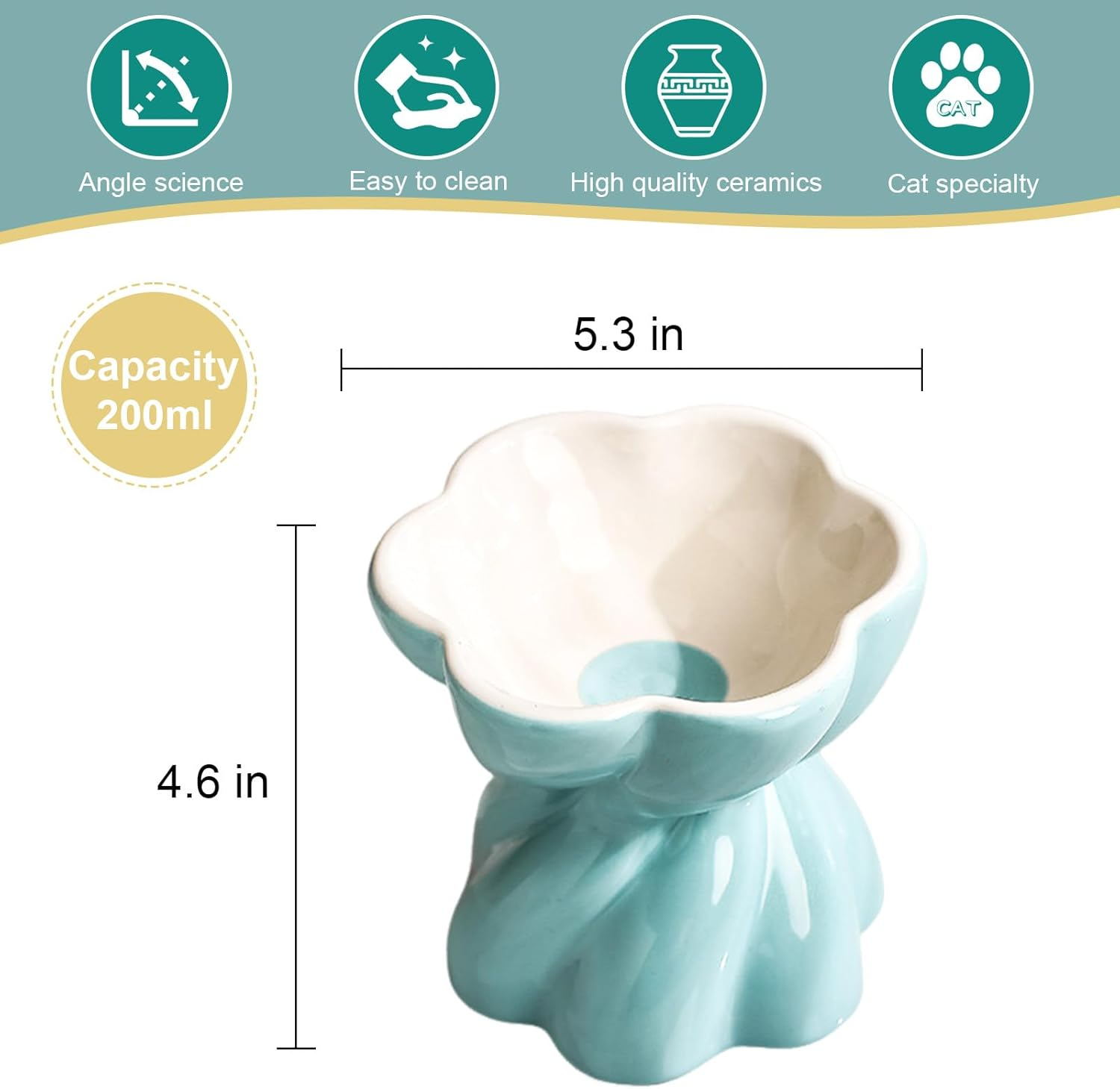 Ceramic Flower Cat Bowl Elevated Cat Bowl 5.3In Indoor anti Vomit Blue Cute Cat Bowls for Cats and Small Pets