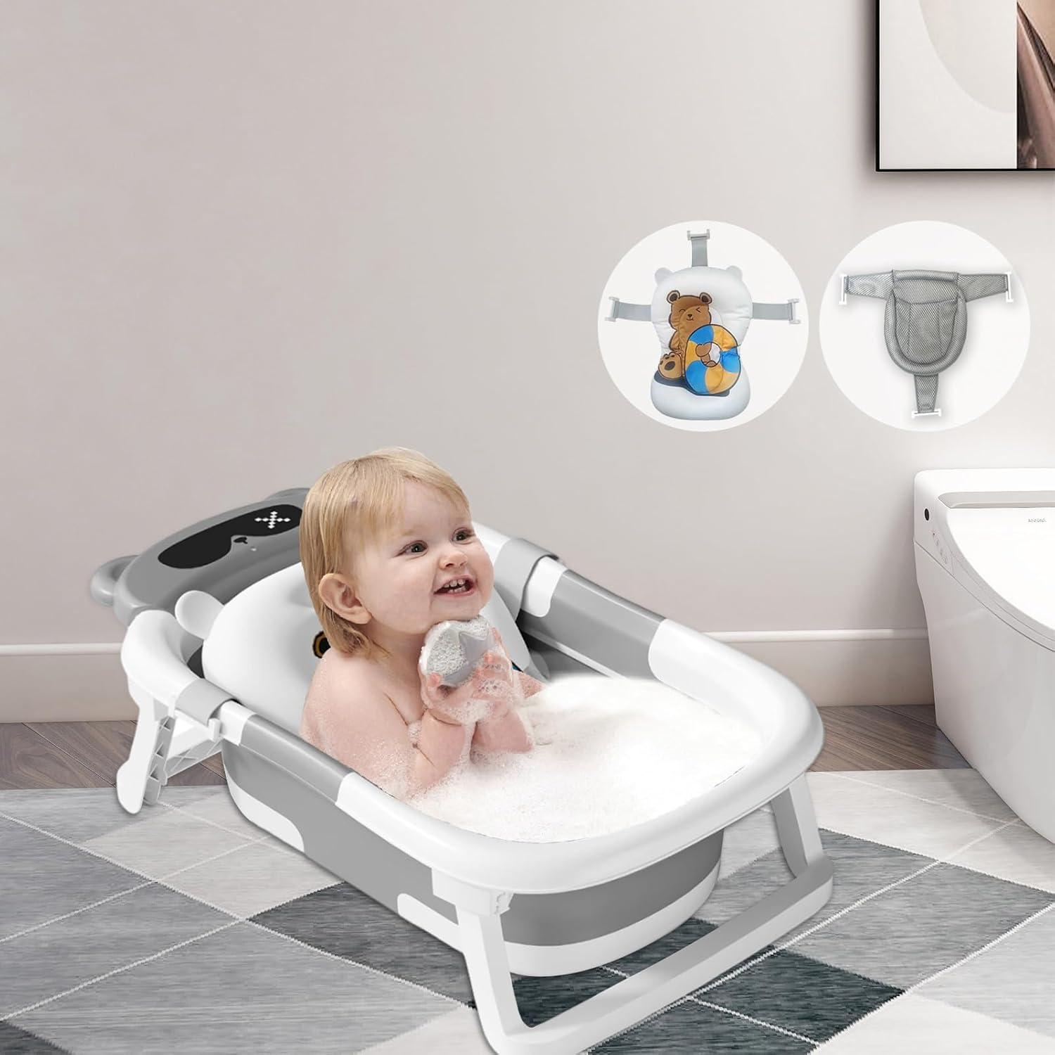 STEUGO Baby Bath Tub for Newborn with Seat Support Cushion Stand with Soft Cushion Baby Bathtub Newborn Totoddl Bath Tub for Baby 0-3 Years Travel Portable Bathtub（Grey） image number 4
