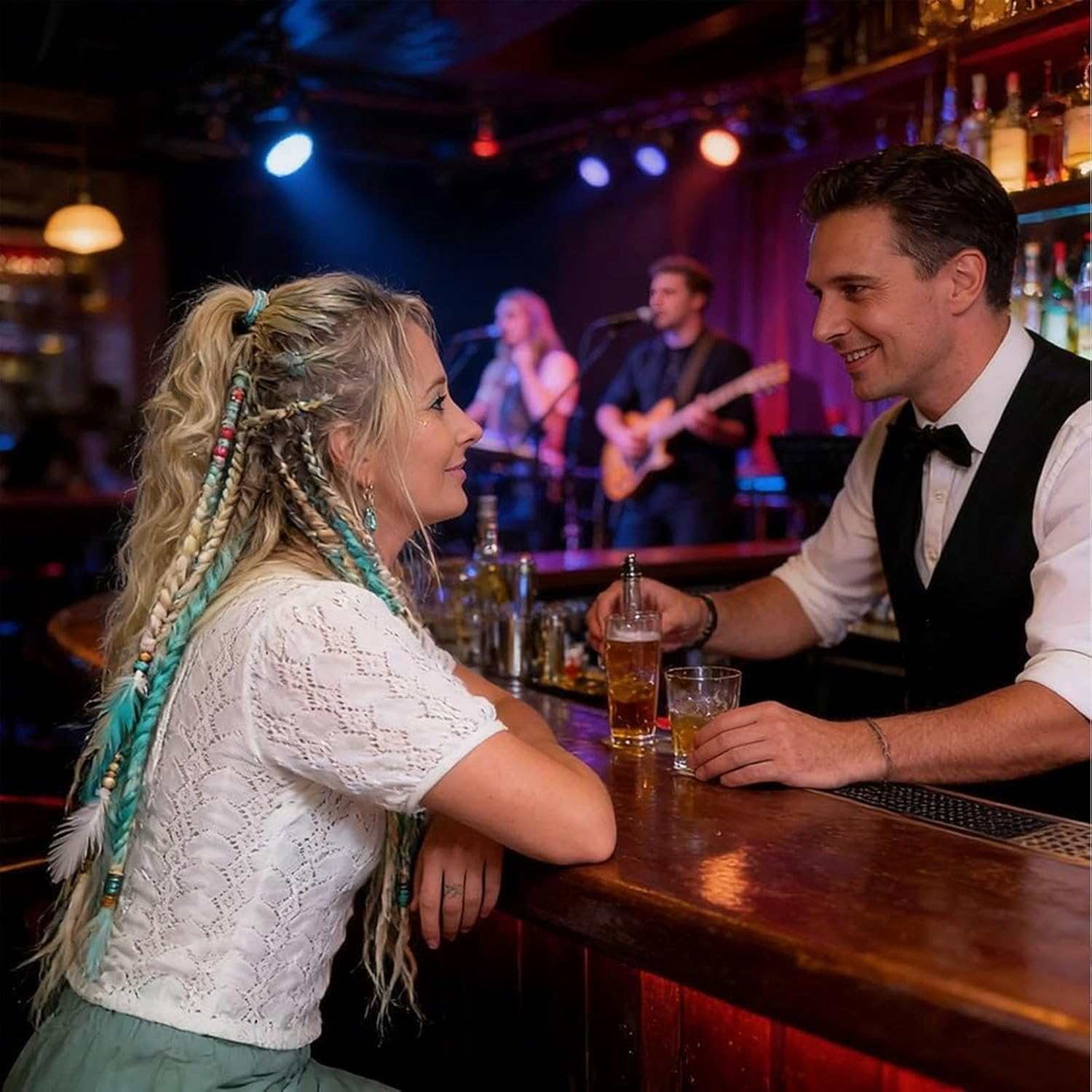 Elastic Dread Ponytail Salty, Boho Dreadlock Hair Extension with Beads, Shell and Charm Details, Easy 1-Minute Clip-In Ponytail Attachment for Festival, Travel & Casual (C)