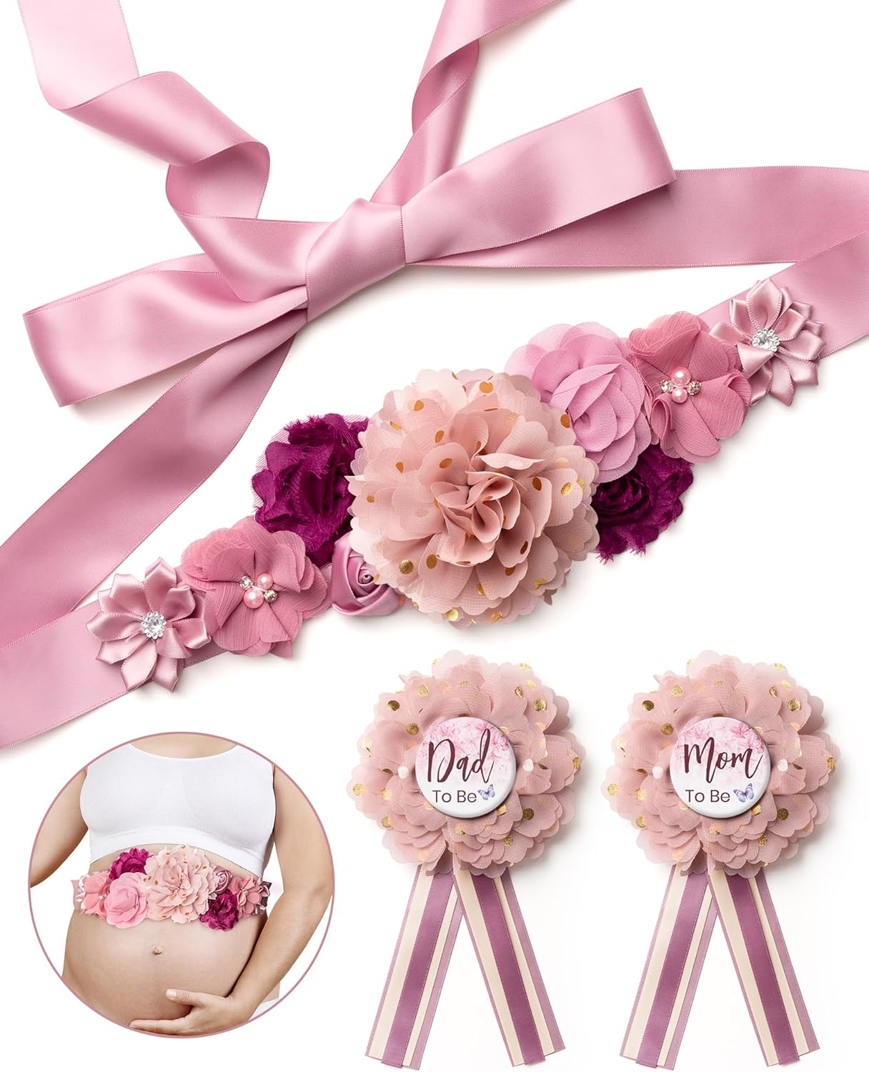 Mom to Be Pink Pregnancy Belly Band Floral Maternity Sash Belt for Baby Shower with Daddy to Be Pin, Gender Reveal Decorations for Mommy, Soft Chiffon Flower Sash Maternity Photography