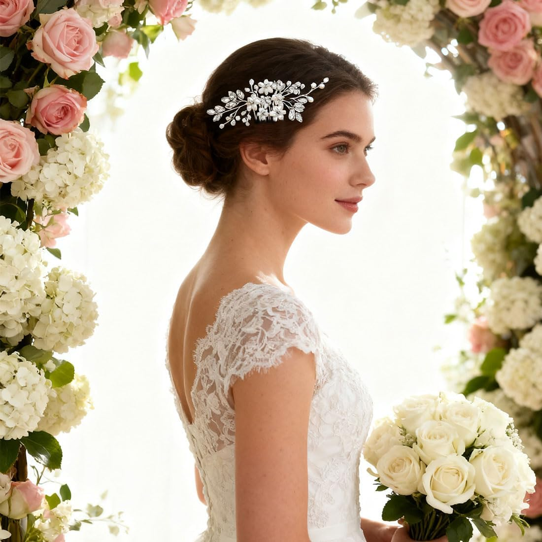 ZWWOGE Bridal Flower Hair Comb, Wedding, Rhinestone, Bridal Headpiece, Leaf Beads, Pearl Hair Clip, Side Combs, Decorative Hair Accessories for Women, Silver Hair Accessories image number 1