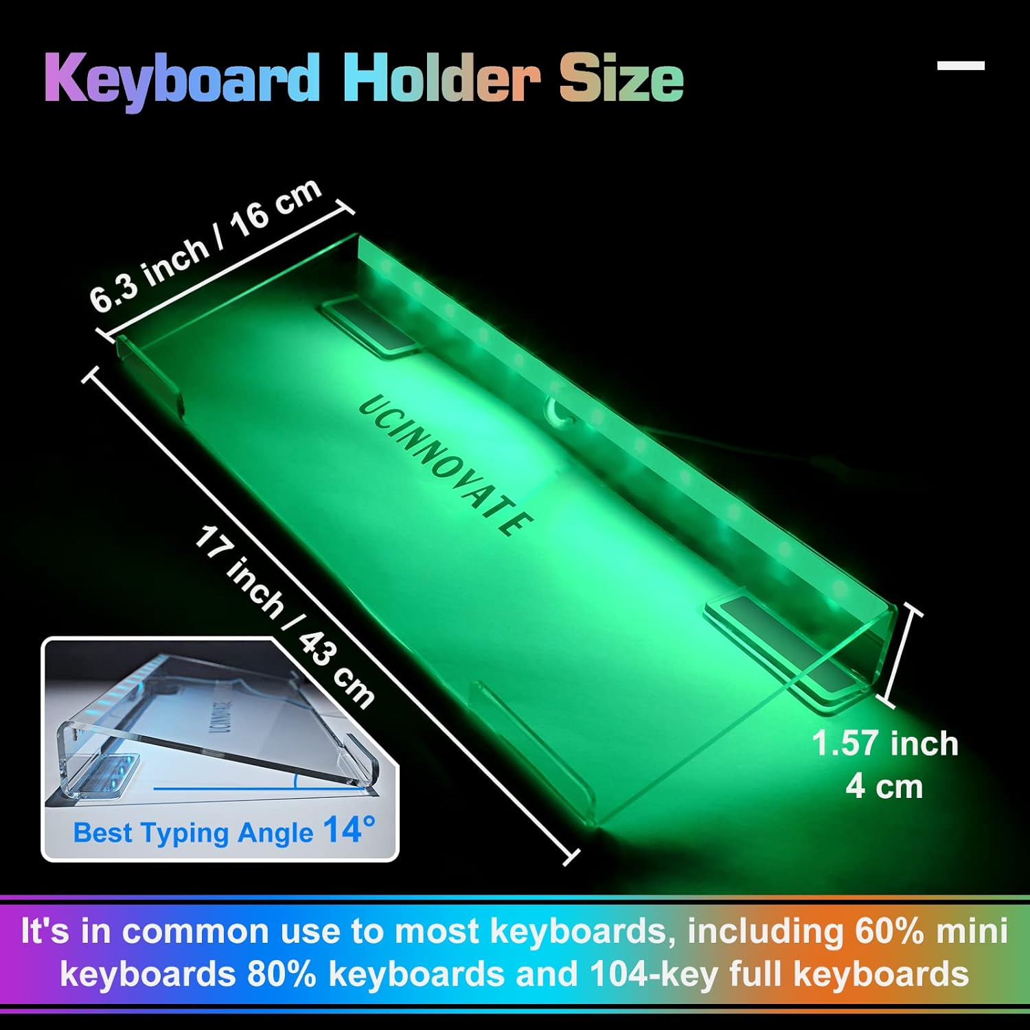 UCINNOVATE RGB Acrylic Computer Keyboard Stand, LED Backlit Keyboard Stand Tray, Gaming Keyboard USB Interface Titled Keyboard Stand for Easy Ergonomic Typing and Working Office Desk, Home, School image number 1