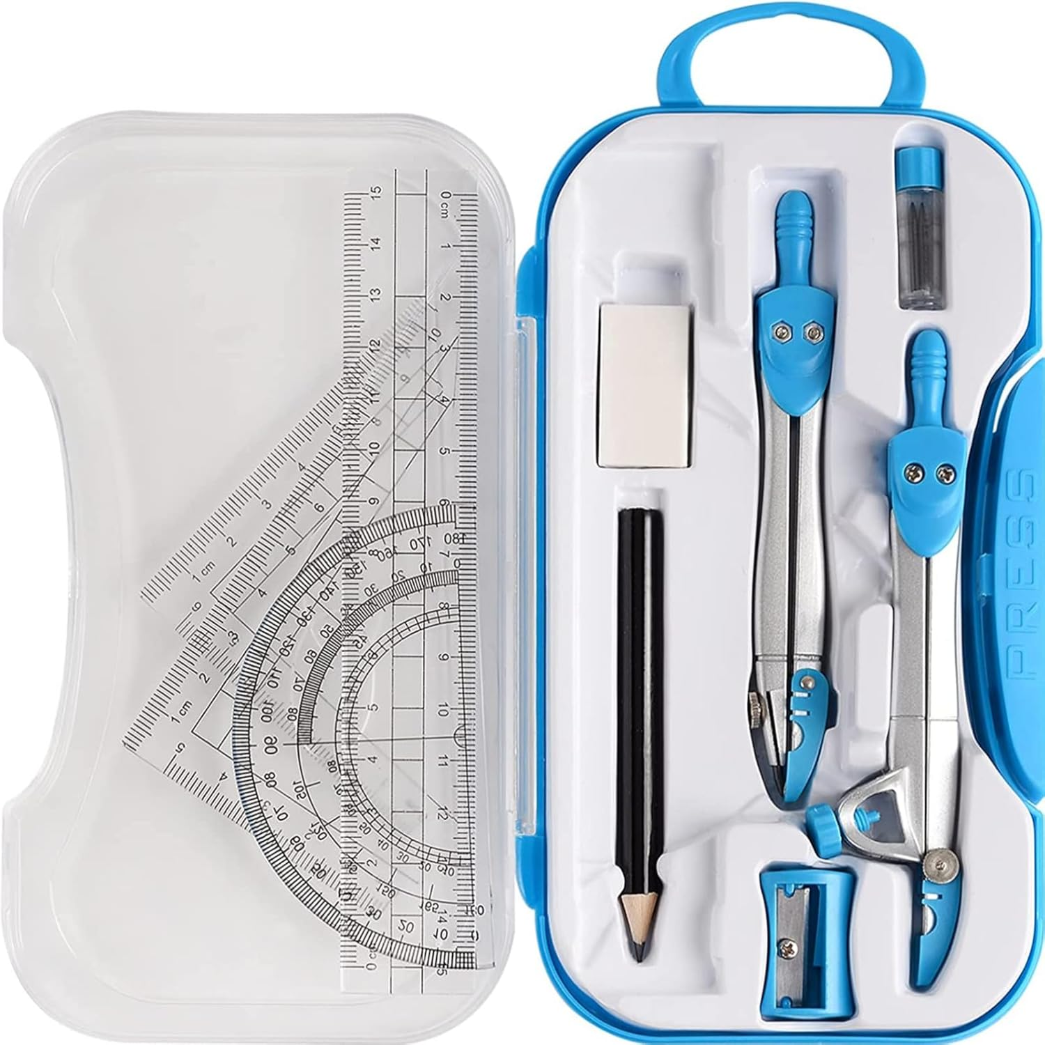 Math Geometry Kit Sets 10 Piece Student Supplies with Shatterproof Storage Box, Includes Rulers, Protractor, Compass, Eraser, Pencil Sharpener, Lead Refills, Pencil, for Drafting and Drawings image number 5