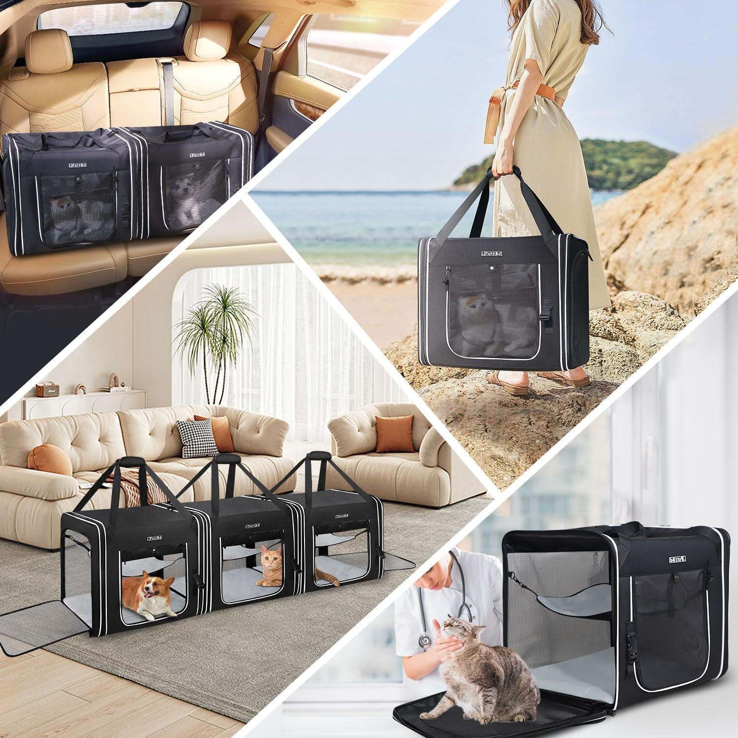 Petskd Combinable Pet Carrier for Large Cat or Medium Dog, 18"X17"X17" Large Cat Carrier for Car Travel, 2 Small Pet Soft Carriers with Food Bag, Bowl and Safety Locking Zippers for Vet, Camping image number 5