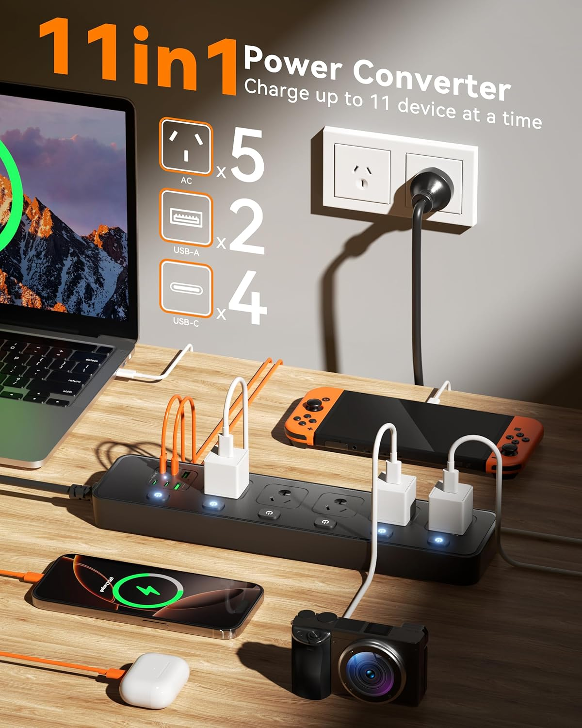 Power Board Individual Switch - 3250W Power Strip with 5 AC Outlets, 2 USB a and 4 USB C, Powerboard 1.8M Extension Cord for Home and Office, Overload Protection (Black) image number 1