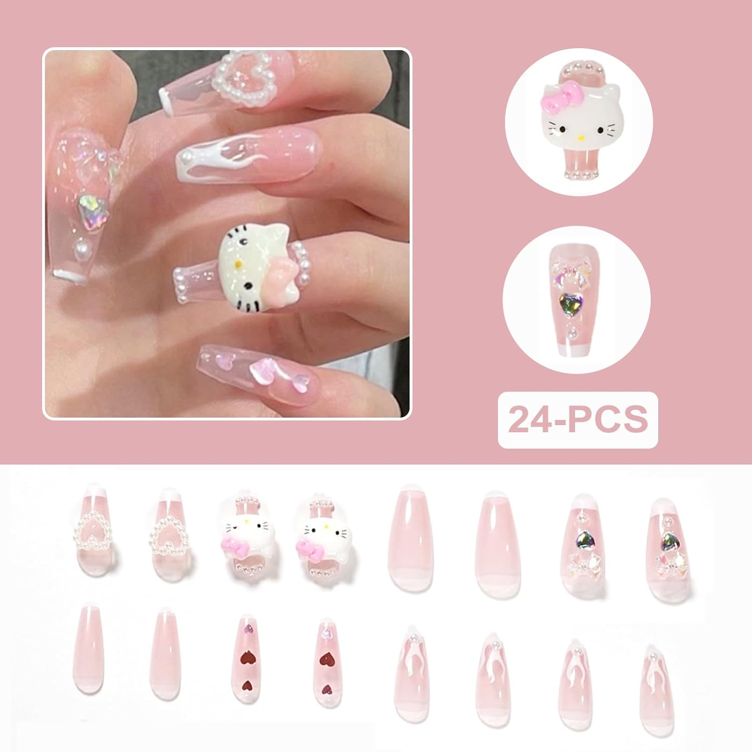 24PCS French Pink Kitty Press on Nails,Cute Kawaii 3D False Nails,Cartoon Y2K Long Length with Flame and Rhinestone Design,Trapezoid Coffin Fake Nails,Glossy and Full Cover Acrylic Nails for Women image number 5