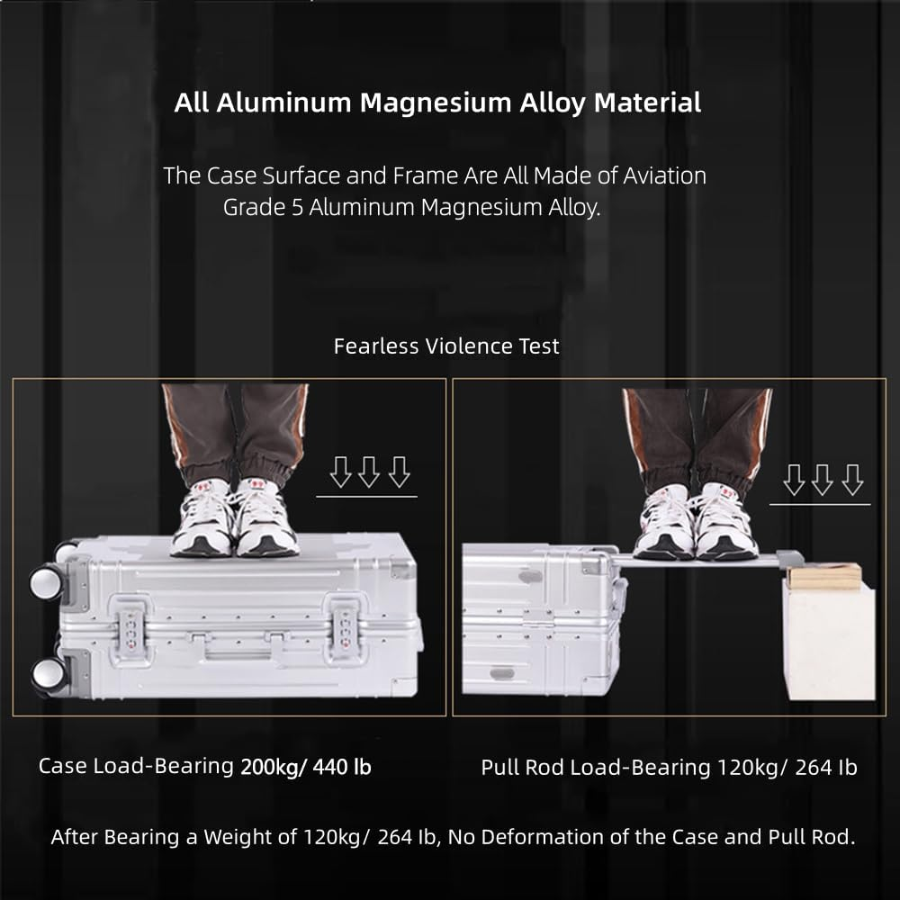 All Aluminum Magnesium Hardside Carry on Luggage with Wheels, Zipperless Hardshell Checked Luggage with Lock, Airline Approved Suitcase Metal Rolling Luggage for Travel, Business (Silver, 20 Inch) image number 6