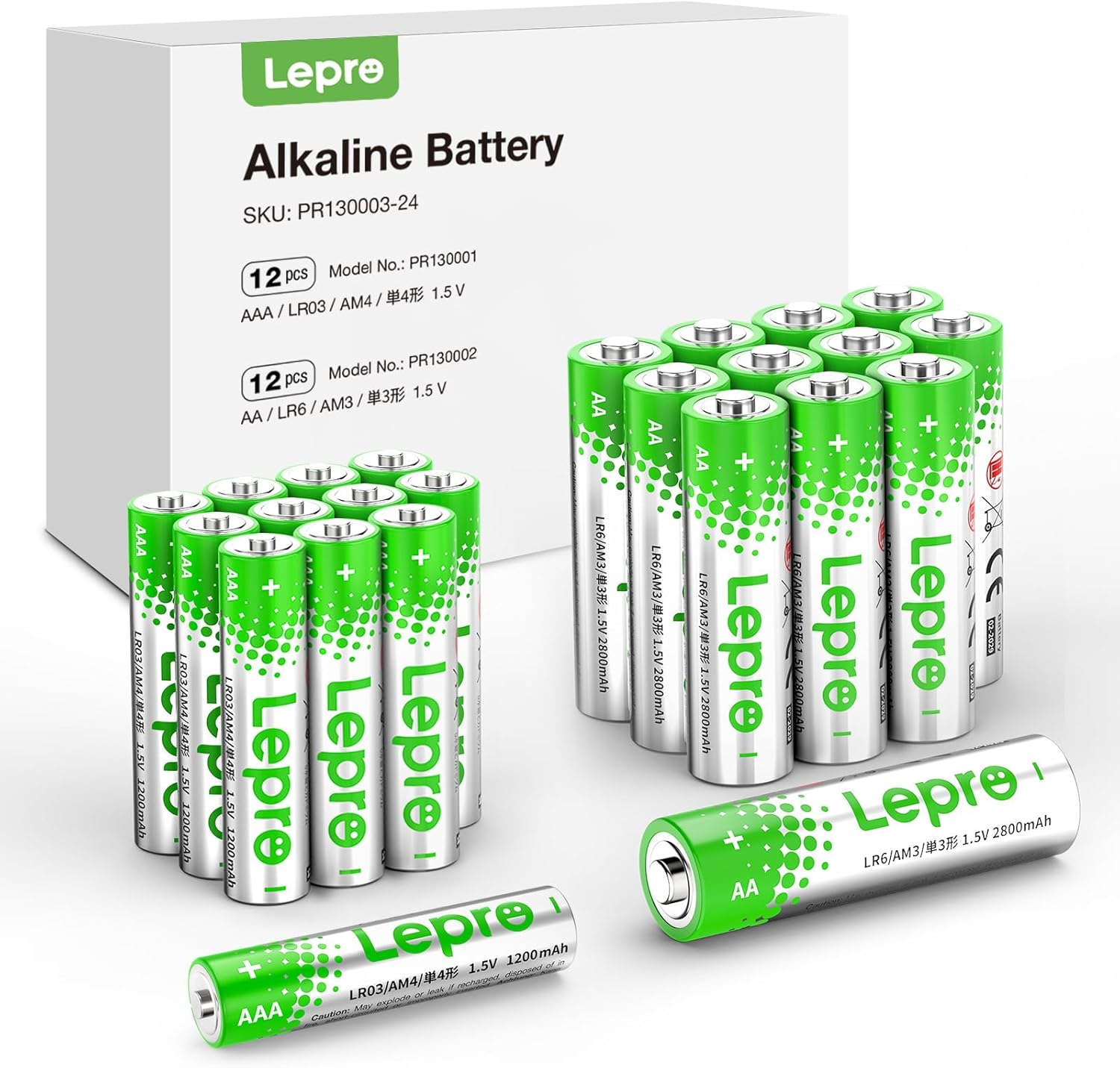 Lepro AA & AAA Batteries 24 Pack, 1.5 Volt Alkaline Batteries with High Capacity, Anti-Leakage, Long Lasting Power, LR03 LR06 MN2400 MN1500 Batteries Pack for Clocks Remotes Mouse Torch image number 1