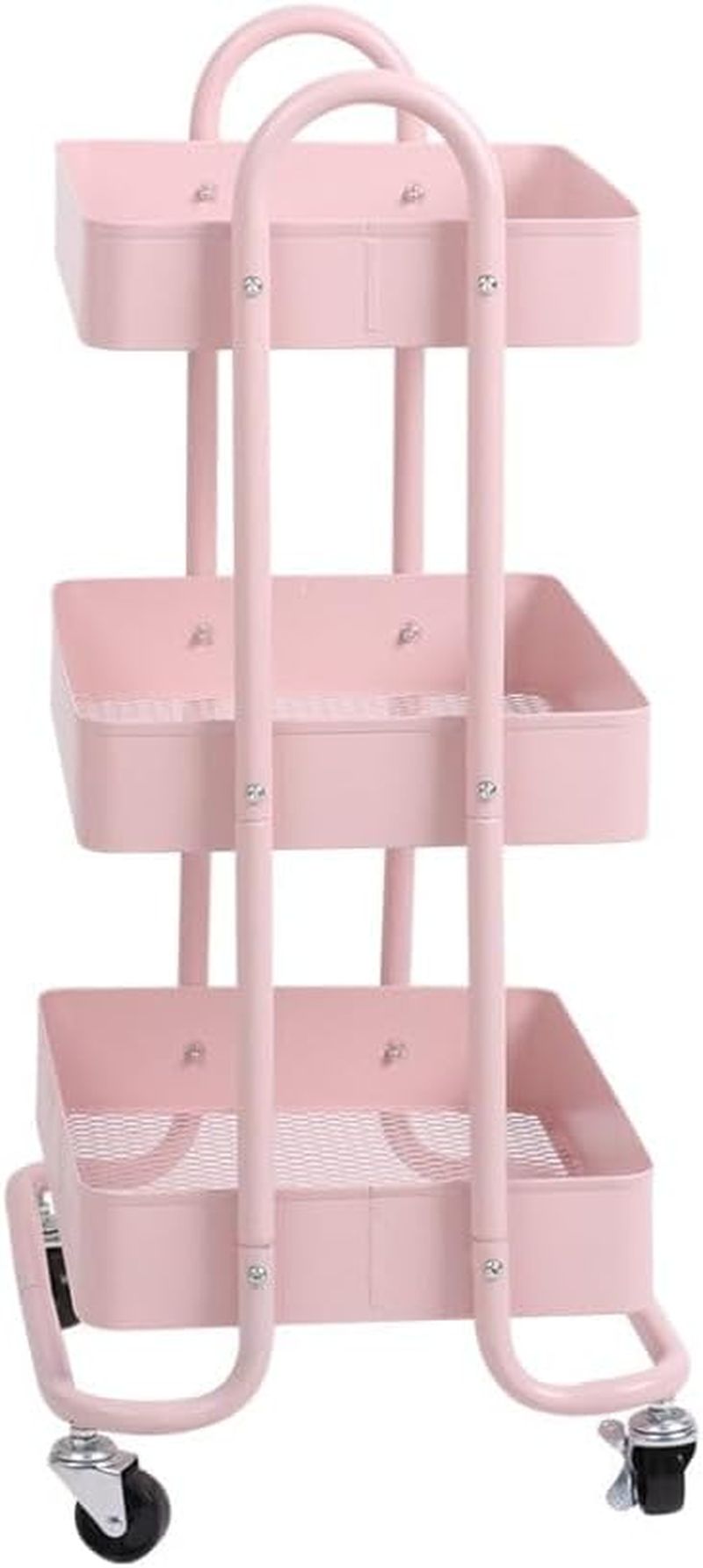 Levede 3 Tiers Kitchen Trolley Cart Steel Storage Rack Shelf Organiser Pink, Metal Utility Cart, 3-Tier Kitchen Trolley with 4 Wheels, Rolling Storage Cart Trolley for Kitchen Storage & Organisation image number 1