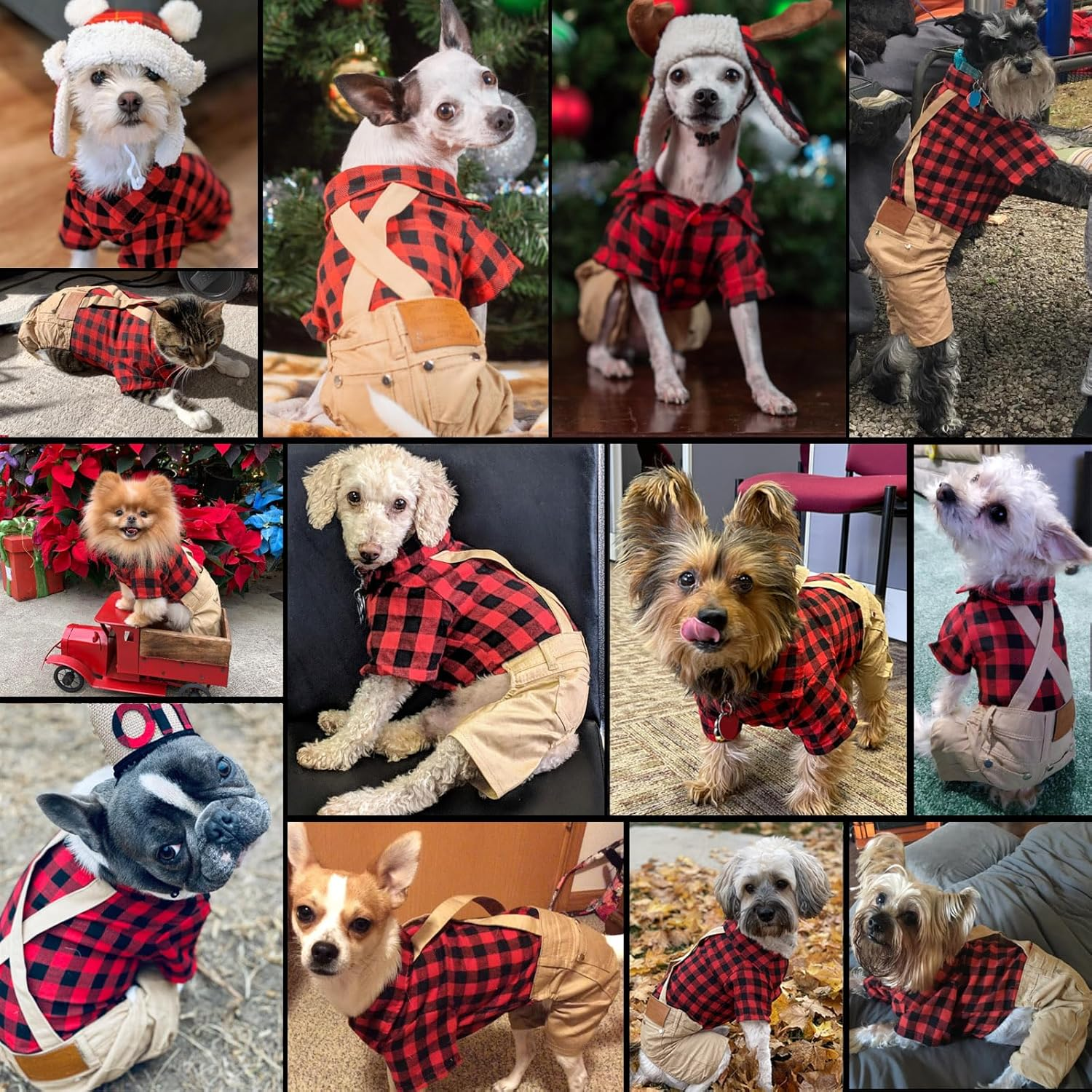 Small Dog Clothes Red Plaid Shirt Khaki Overalls Pants Jumpsuit Outfits Cool Pet Clothes for Small Dogs Cats Boy Girl, Jeans Onesies Pjs Apparel Halloween Christmas Costume Birthday Party Dress image number 3