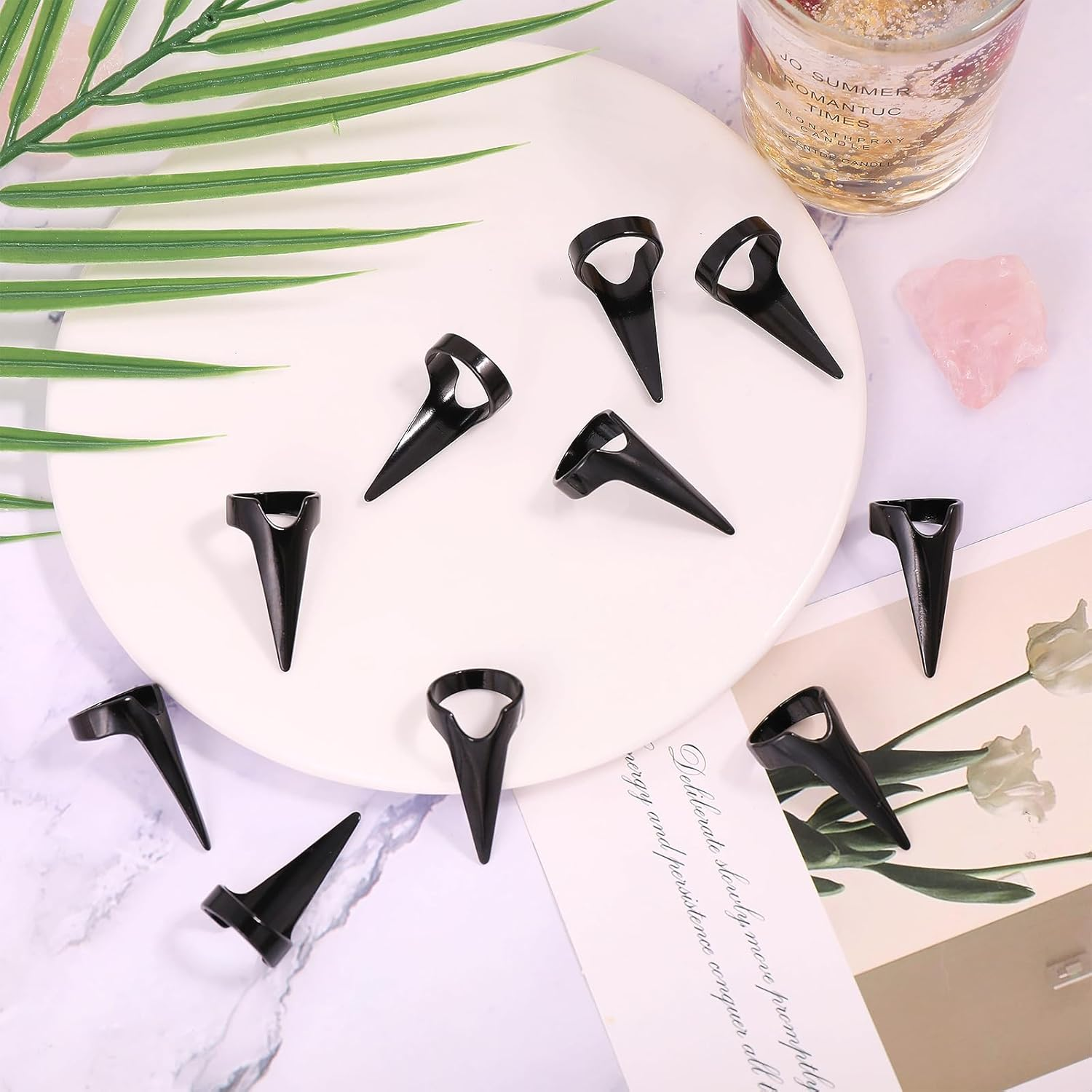 GLOBLELAND 20 Pieces Black Finger Claws Rings for Cosplay Retro Alloy Full Nail Set Gothic Punk Rock Talon Nail Fingertip Claw for Vampire Cat Wolf Cosplay Nail Art Halloween Costume Accessories - Black image number 6