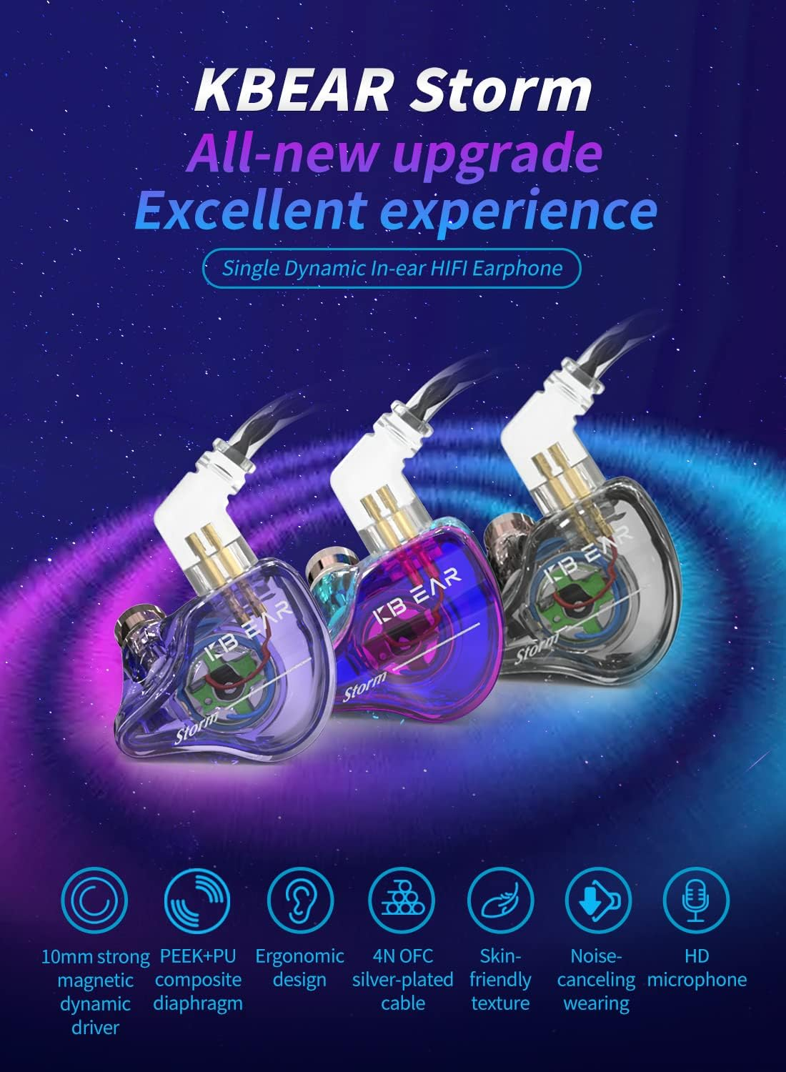 Yinyoo KBEAR Storm Wired Headphones, 10Mm Dynamic Driver in Ear Monitors, Hifi IEM Earphones for Singers Drummers Musicians, Bass, with OFC IEM Cable (Purple Blue, No Mic) image number 5