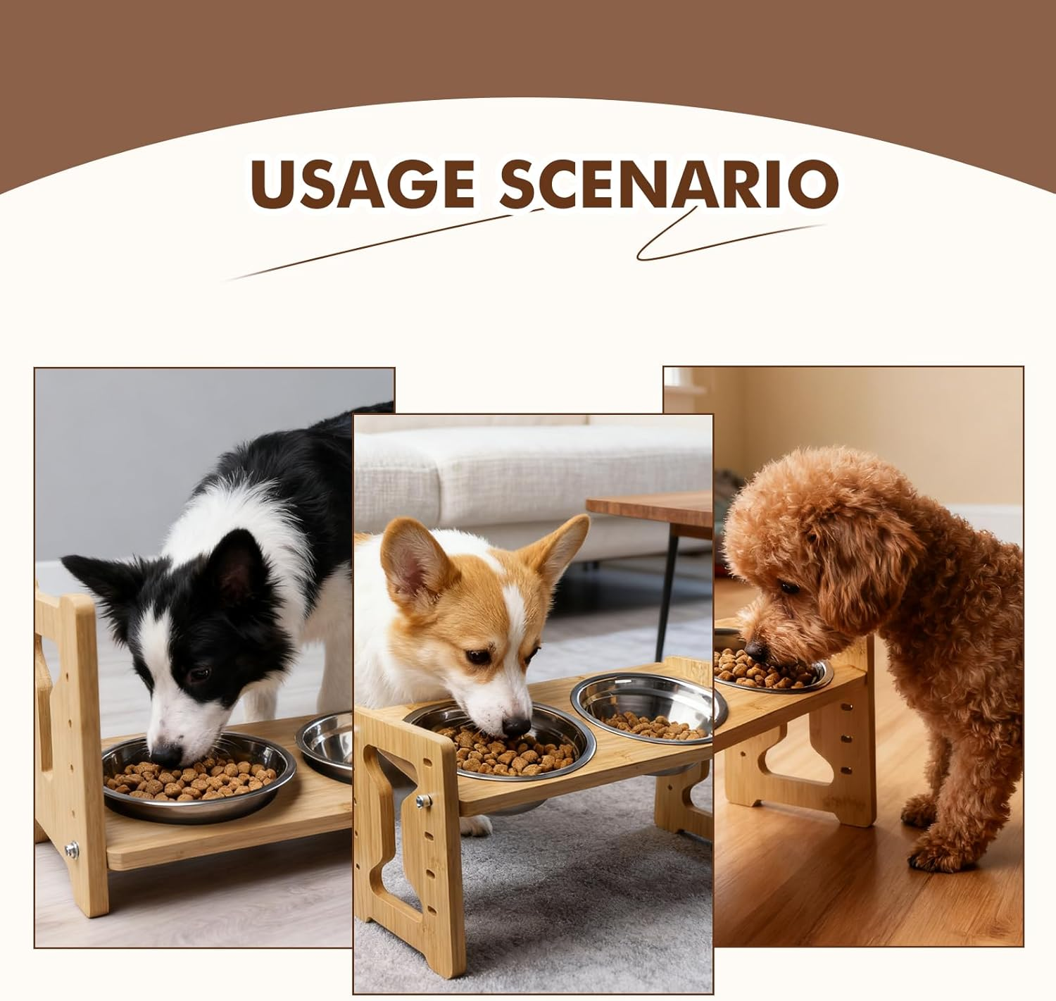 Aicharynic Raised Dog Bowl with Stand, Height Adjustable Feeding Bowl, Bamboo Feeding Station for Small Dogs and Cats, with 2 Stainless Steel Bowls image number 2