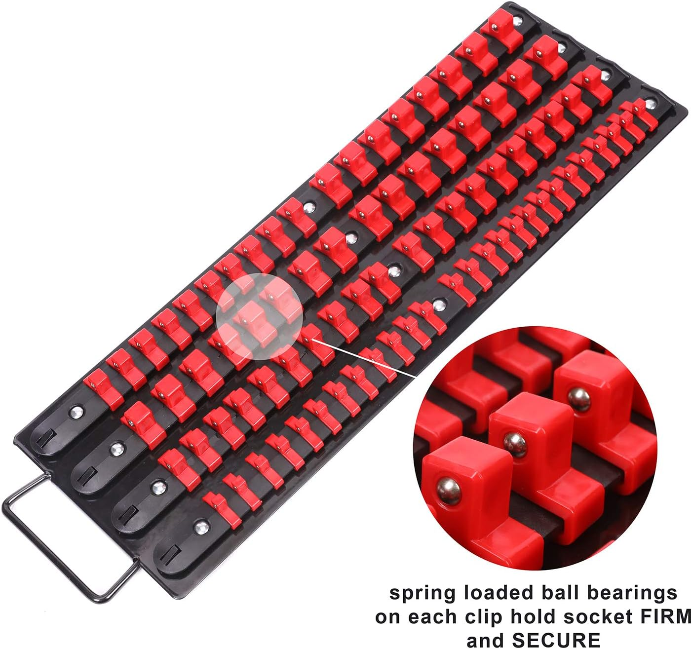 CASOMAN 80-Piece Portable Socket Organizer Tray, 1/4-Inch, 3/8-Inch, 1/2-Inch,Heavy Duty Socket Rail, Black Rails with Red Clips image number 4