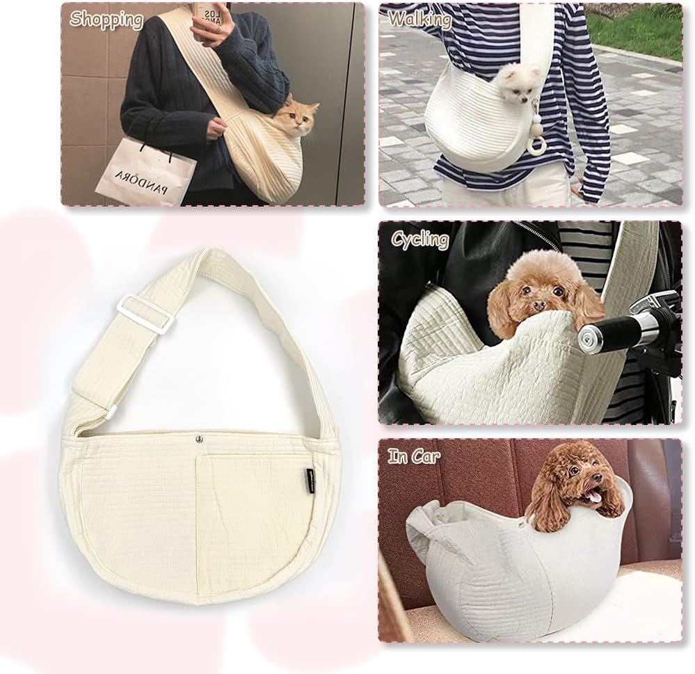 NATUYA Small Dog Carrier Sling Cat Sling-Dog Slings for Carrying Small Dogs-Adjustable Strap Hand Free Pet Puppy for Outdoor Traveling Subway (White, Canvas-Adjustable Strap) image number 3