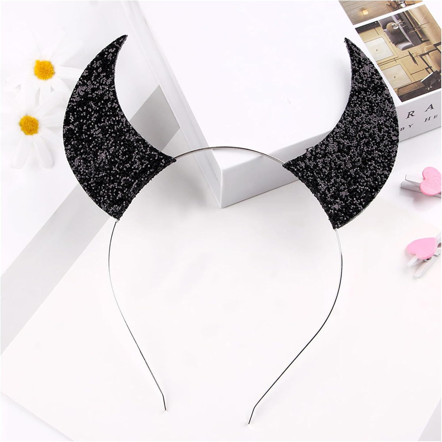 OHEETU 2 Pcs Halloween Devil Horns Glitter Red Black Headband Headband Costume Accessory for Cosplay Party image number 2