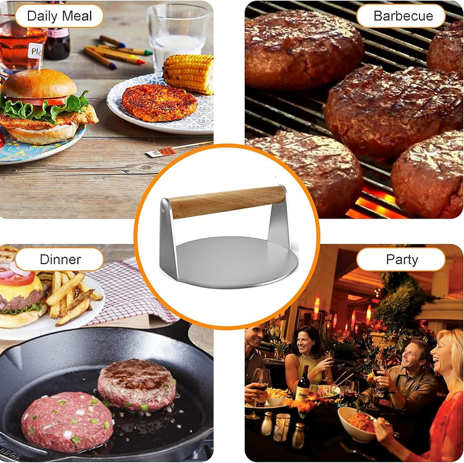 Stainless Steel Burger Press, 5.5 Inch round Burger Smasher, Non-Stick Smooth Hamburger Press Flat Bottom, with Wood Handle, Bacon Press, Grill Press Perfect for Flat Top Griddle Grill Cooking image number 4