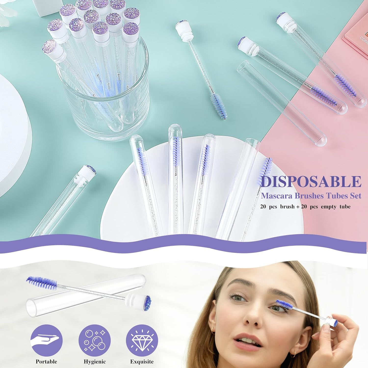 Disposable Mascara Wand Tubes, 40 PCS Bendable Eyelash Brush Lash Brushes Spoolie Lash Applicators Kits Supplies for Eyelash Brow Extensions Makeup (Purple) image number 6