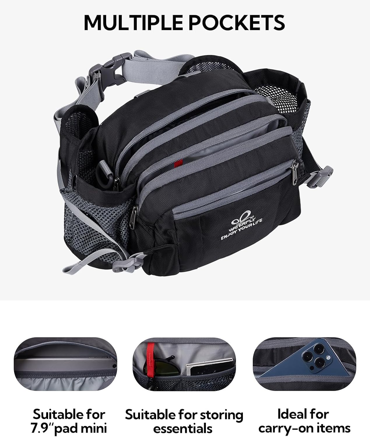 WATERFLY Fanny Pack Waist Bag: Fannie Pack 2 Water Bottle Holders Lumbar Belt Hiking Walking Running Jogging Camping Large Woman Man (Bottle Not Included) image number 2