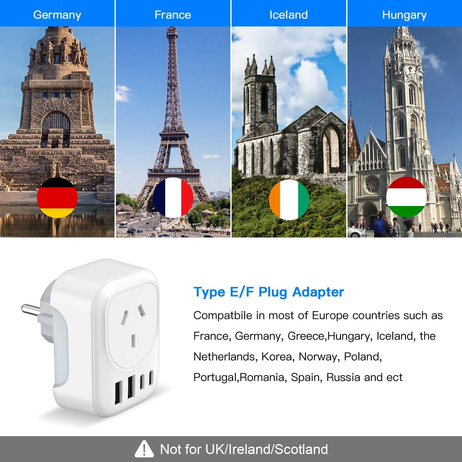 RXSQUL AU to EU Travel Adapter, Australia to European Travel Plug Adaptor, Europe Ground Outlet with Type E/F Plug and 4Xusb for AUS to Bali Germany Spain France Greece Netherlands Turkey image number 6