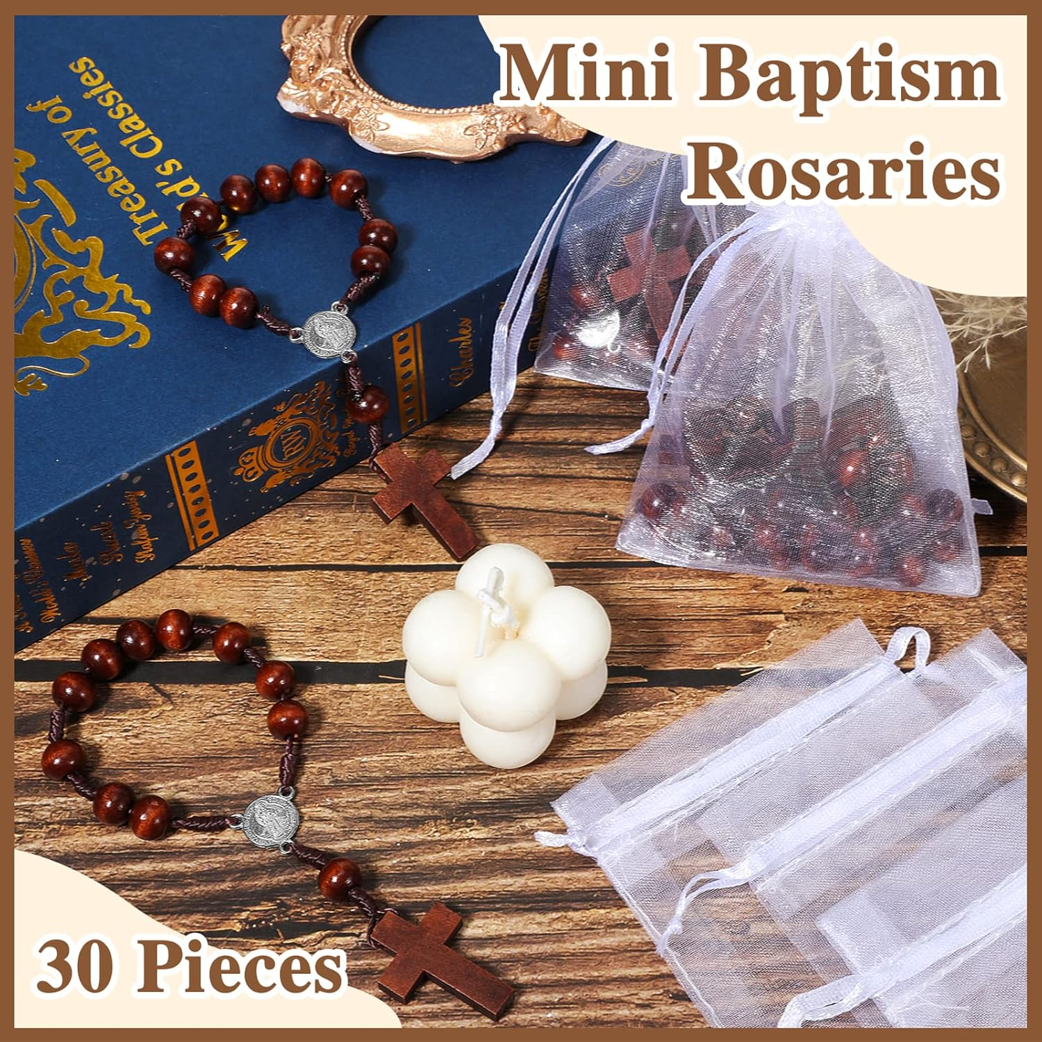Yinkin 30 Pieces Baptism Rosary Bible Verse Favors Mini Baptism Favors Wood Rosary Religious Crosses Bulk Gifts with 30 Organza Bags Mini Rosaries Bulk for First Communion Christening Party Gift image number 3