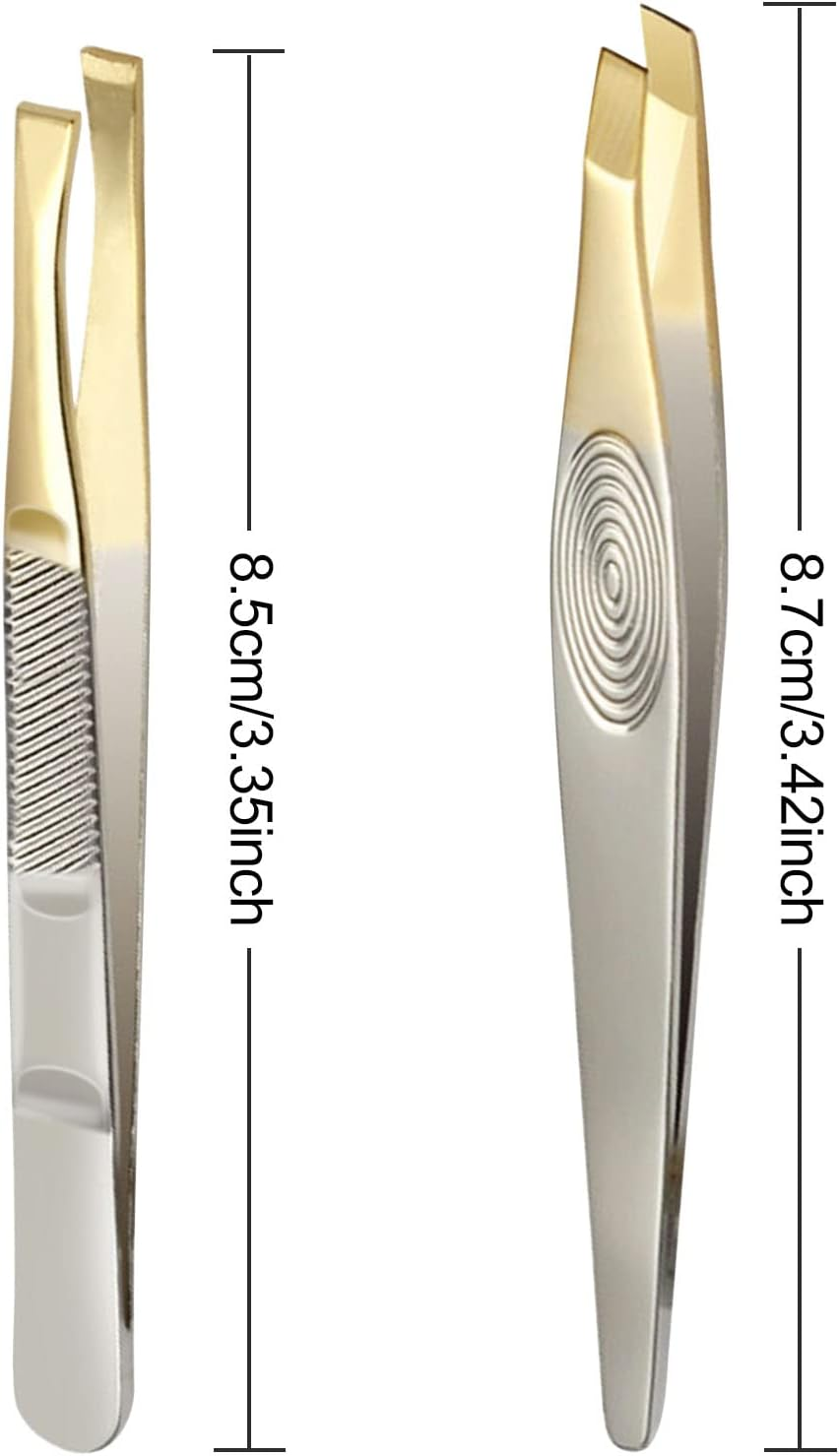 Sularpek Slanted Tweezers, Set of 2 Stainless Steel Tweezers Precision Eyebrow Plucking Removal Chip Removal Gold Plated 87Mm for Men and Women image number 3