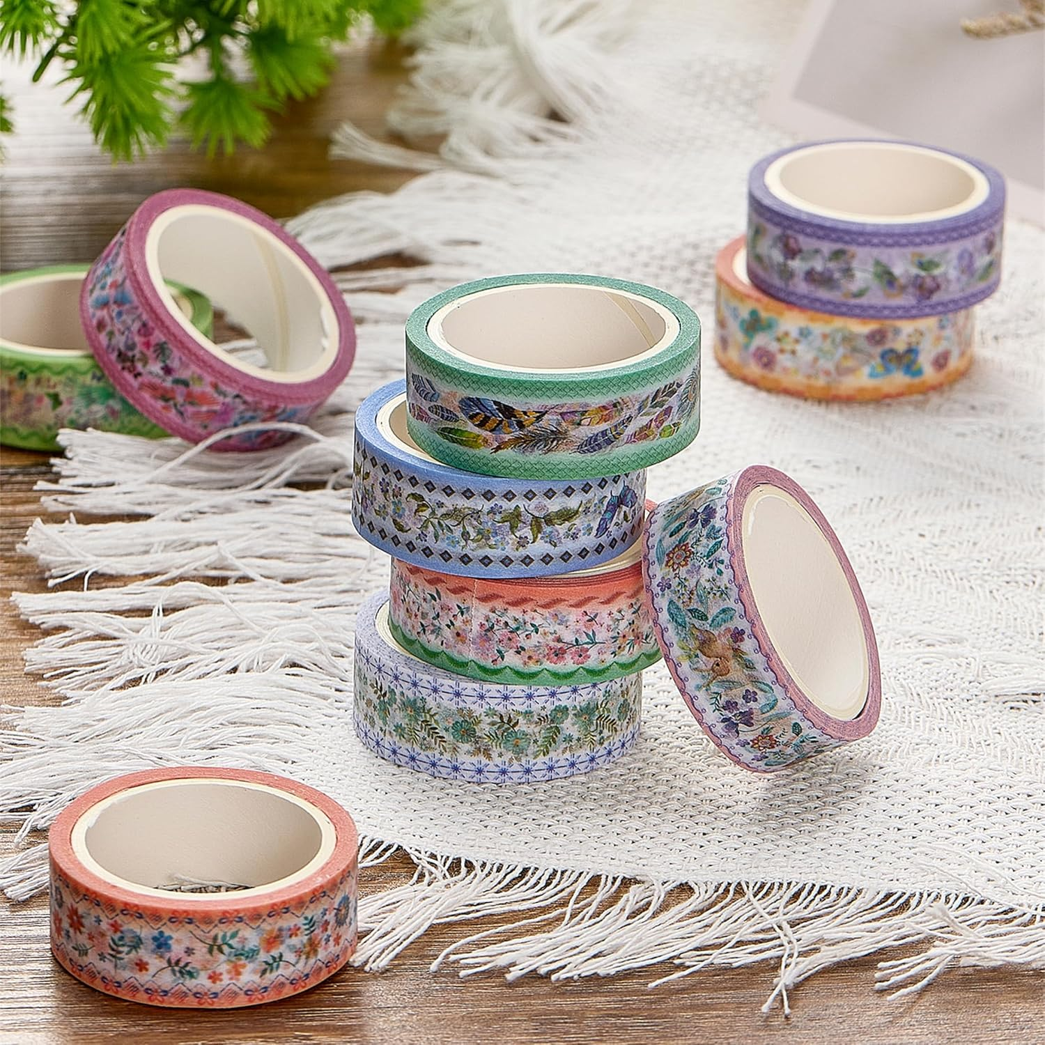 YUBBAEX 10 Rolls Embroidery Pattern Washi Tape Set - Decorative Adhesive Masking Tape for Scrapbooking, Journaling, DIY Crafts, Gift Wrapping &ndash; Vintage Floral and Nature Designs image number 5