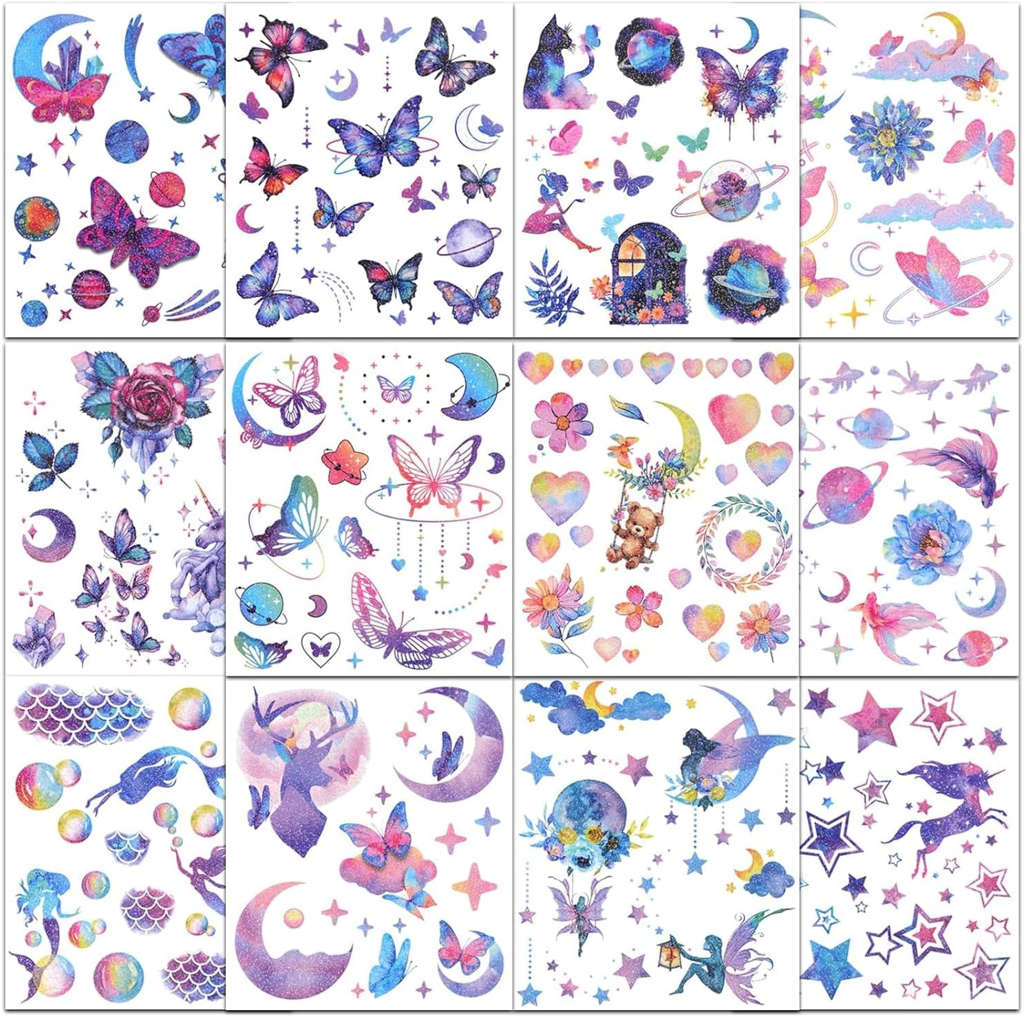 Chengruiy Glitter Temporary Tattoos for Girls, 12 Sheets of Mixed Butterfly, Fairy, Mermaid Tattoo Stickers for Kids, Waterproof Fake Tattoos for Birthday Party Favors and Supplies image number 2