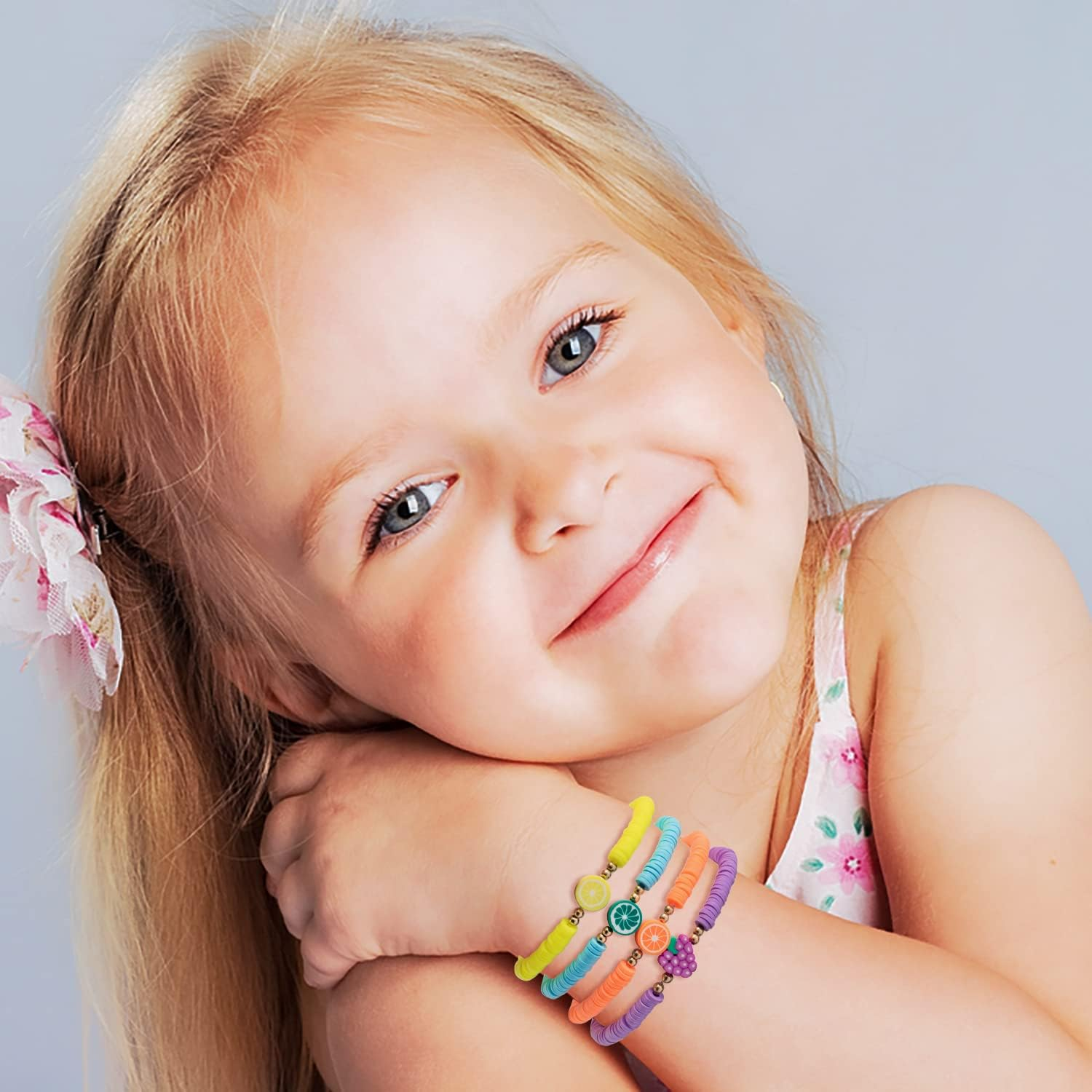 JAPBOR 12Pcs Fruit Clay Bracelets, Colorful Surfer Disc Beaded Stretch Rope Bracelet for Girls Kids, Friendship Elastic Boho Women Child Play Jewelry Charms for Summer Beach Birthday Vacation Favor, image number 6