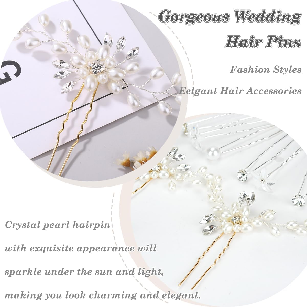 23 Pieces Bride Wedding Hair Pins, FHDUSRYO Flower Bridal Hair Clip, Crystal Pearl Hairpin Flower Rhinestone Hair Barrettes, U Shaped Hair Pins Wedding Hair Accessories for Women, Girls, Bridesmaids image number 4
