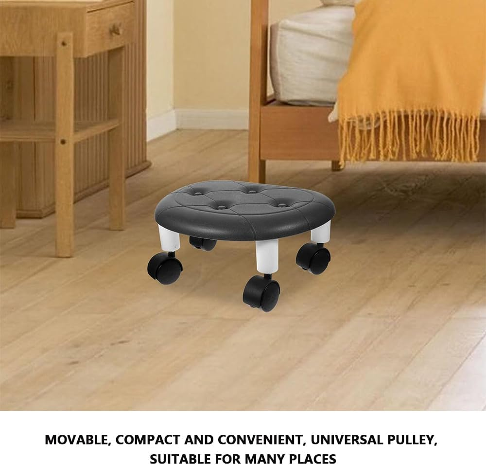 Mini Rolling Stool with Wheels &ndash; 360&deg; Swivel Low Stool, Portable Faux Leather Seat for Home, Garage, Workshop, Shoe Bench, Black image number 3