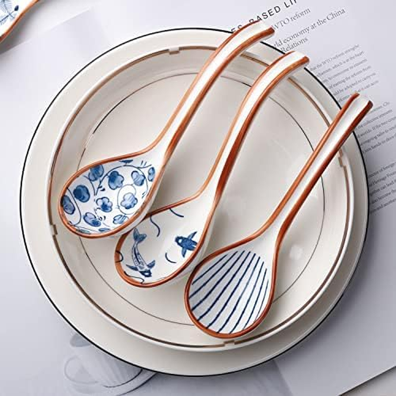Asian Soup Spoon Ceramic Ramen Spoons Korean Spoons Porcelain Japanese Soup Spoon for Ramen Noodles Pho Miso Dumpling 4Pcs (Style 1) image number 3