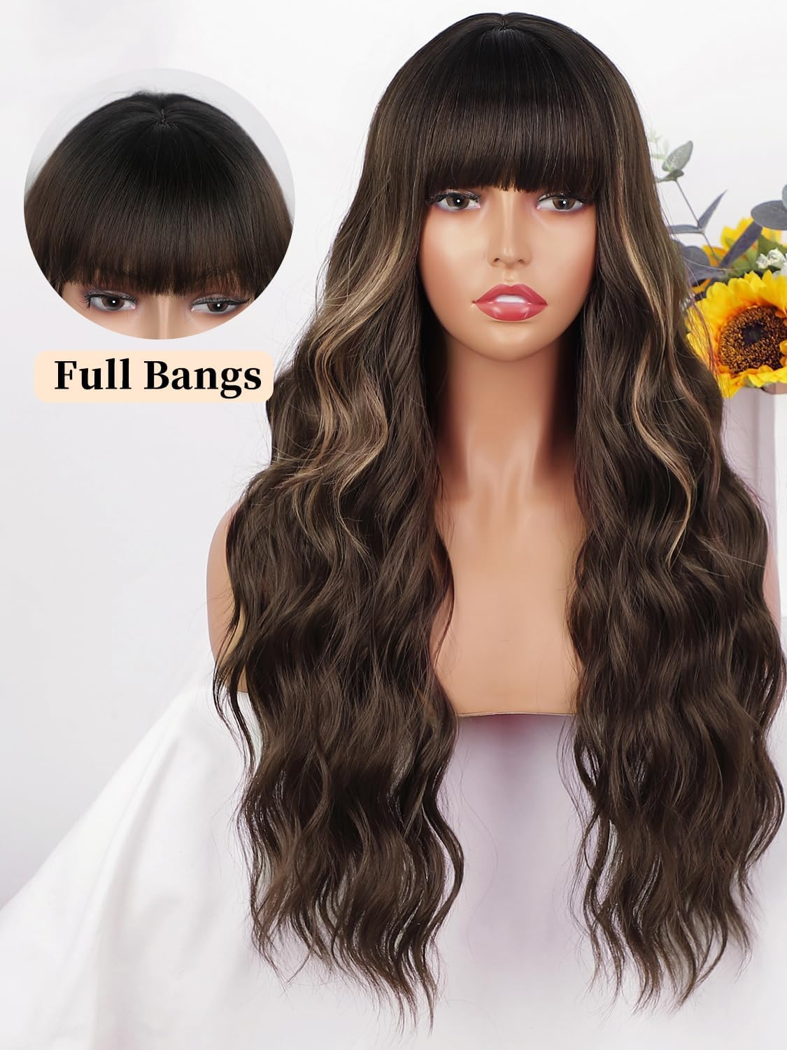 AISI QUEENS Brown Wig with Bangs for Women Long Wavy Hair Wig Brown Highlight Wig Curly Wavy Synthetic Wigs for Girls Daily Party Use image number 5