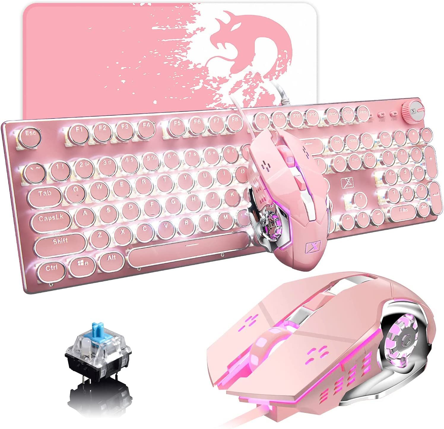 Gaming Keyboard and Mouse,Retro Steampunk Vintage Typewriter-Style Mechanical Keyboard with White LED Backlit,104-Key Anti-Ghosting Blue Switch Wired USB Metal Panel round Keycaps(Pink) - Black/White image number 5
