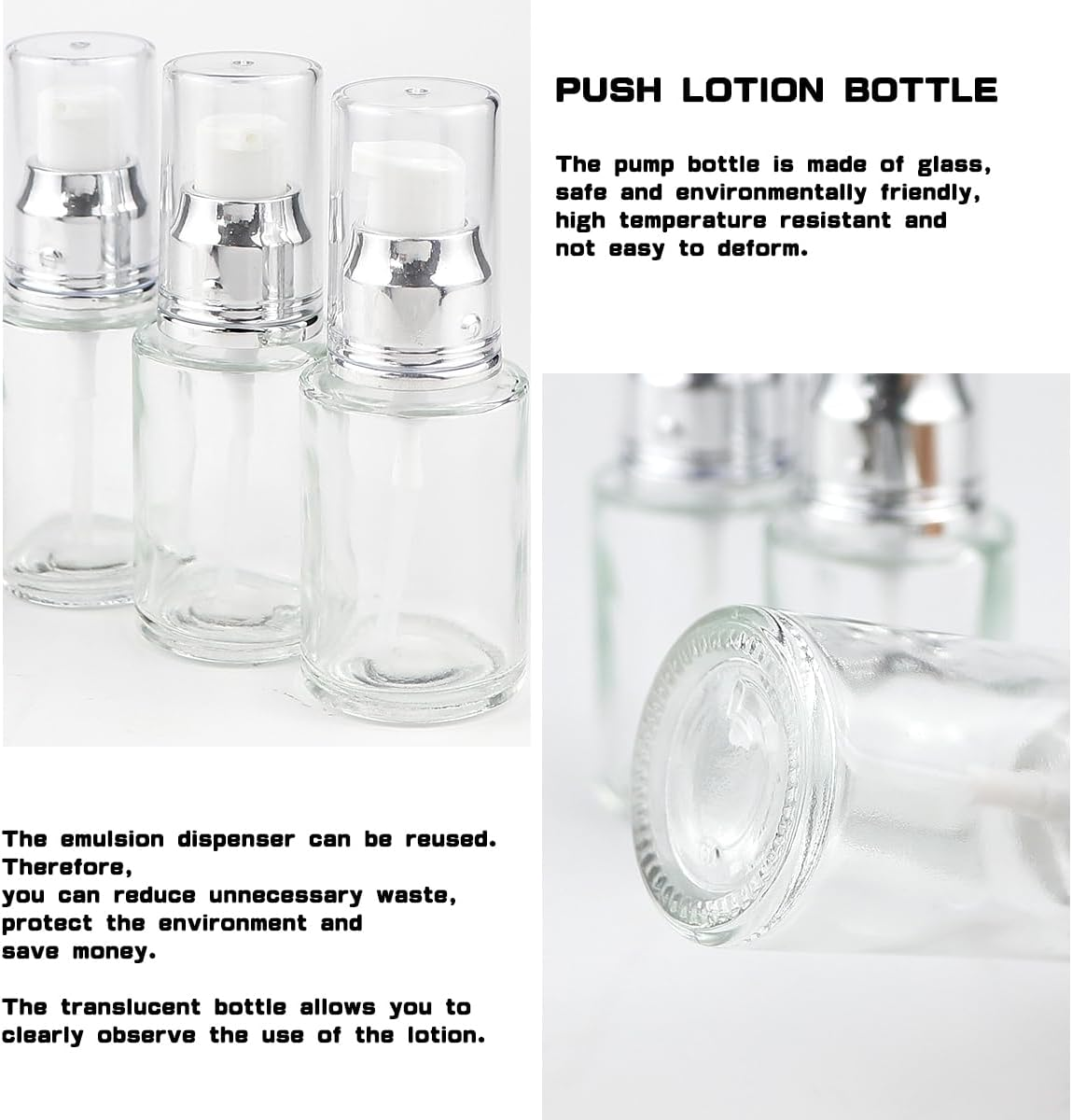 LNQ LUNIQI Pack of 3 Empty Pump Bottles Glass, 30 Ml Small Pump Dispenser Travel, Refillable Lotion Bottle, Transparent Travel Bottles for Cosmetics Lotion image number 3