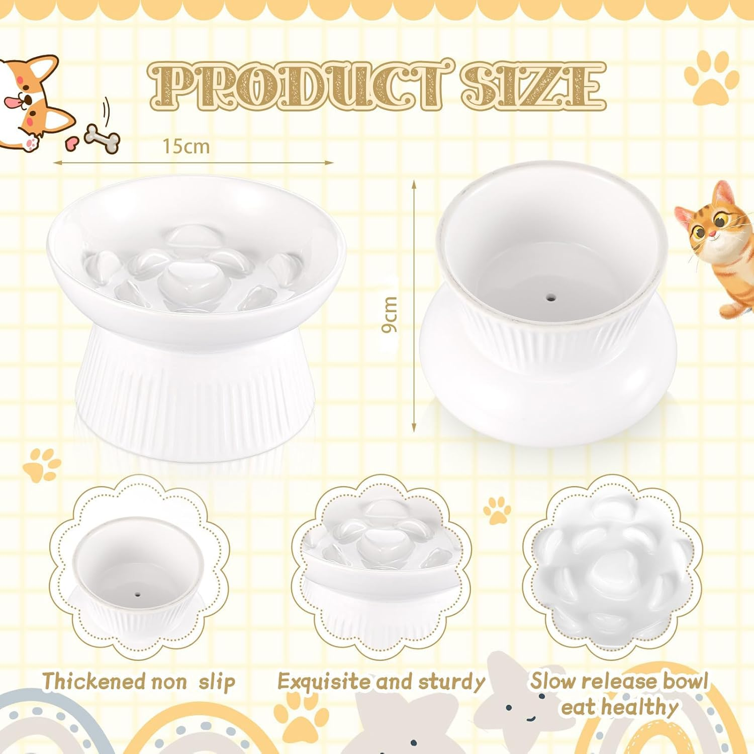 Elevated Ceramic Slow Feeder Cat Bowl &ndash; Anti-Vomiting Raised Cat Food Dish for Dry and Wet Food, Ideal for Dogs and Cats