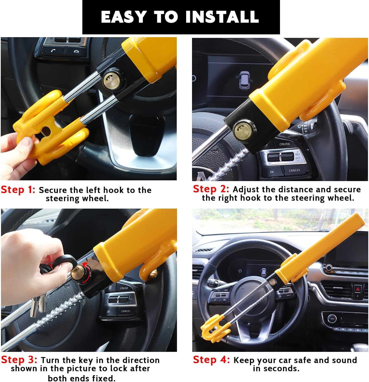 Turnart Steering Wheel Lock Anti-Theft Device Wheel Lock Retractable Car Lock with 3 Keys Heavy-Duty for Car Security Universal Fit for Auto/Suv/Van/Truck image number 1