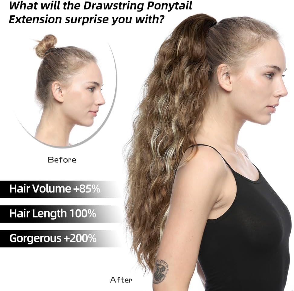 26 Inch Blonde Ponytail Extension, Drawstring Ponytail Extension for Women, Long Wavy Pony Tails Hair Extensions, Synthetic Hair Extensions Ponytail for Daily Use - 4/30 image number 7