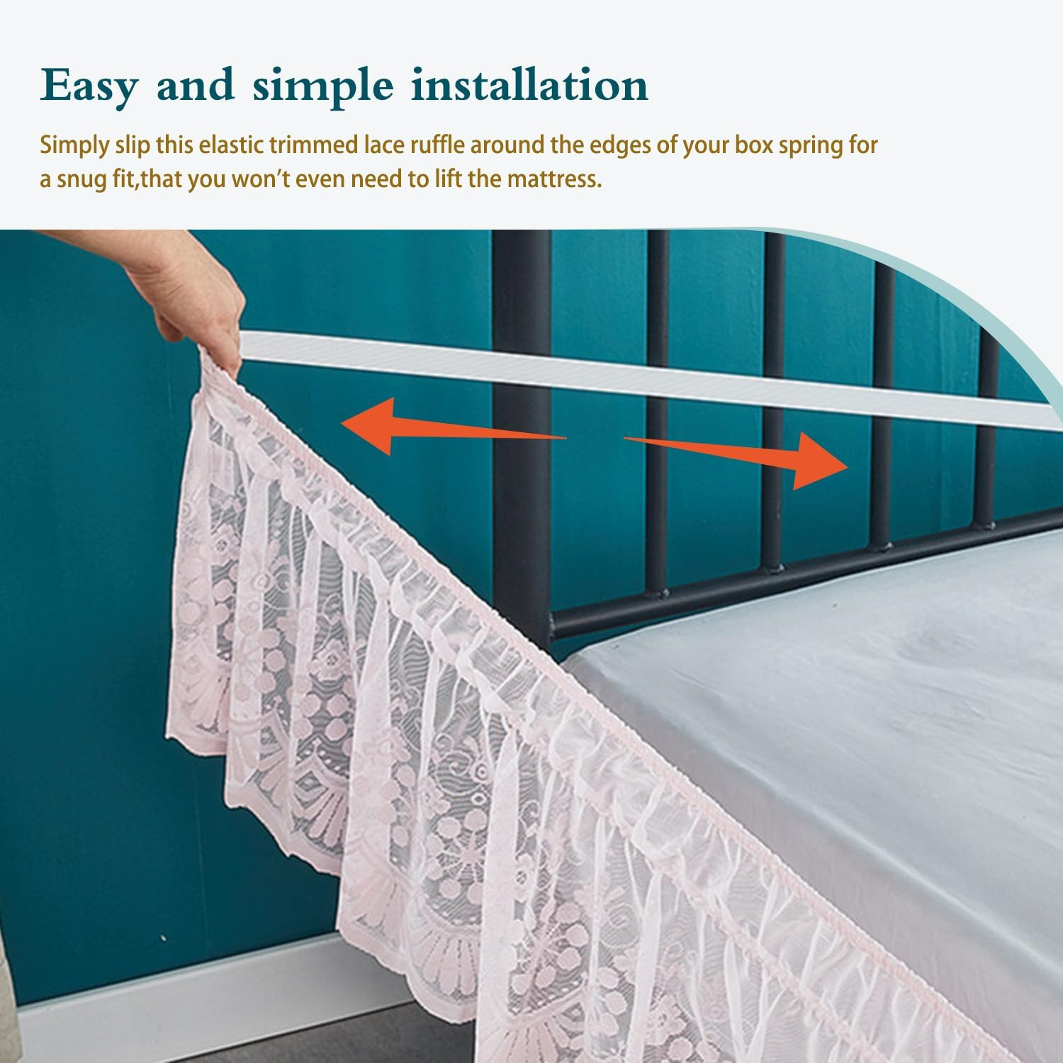 15" Drop Lace Bed Skirt for Twin/Full/Queen/King Bed, Elastic Dust Ruffle Bedskirt Wrap around Bed Skirt - 3 Sides of Bed image number 5