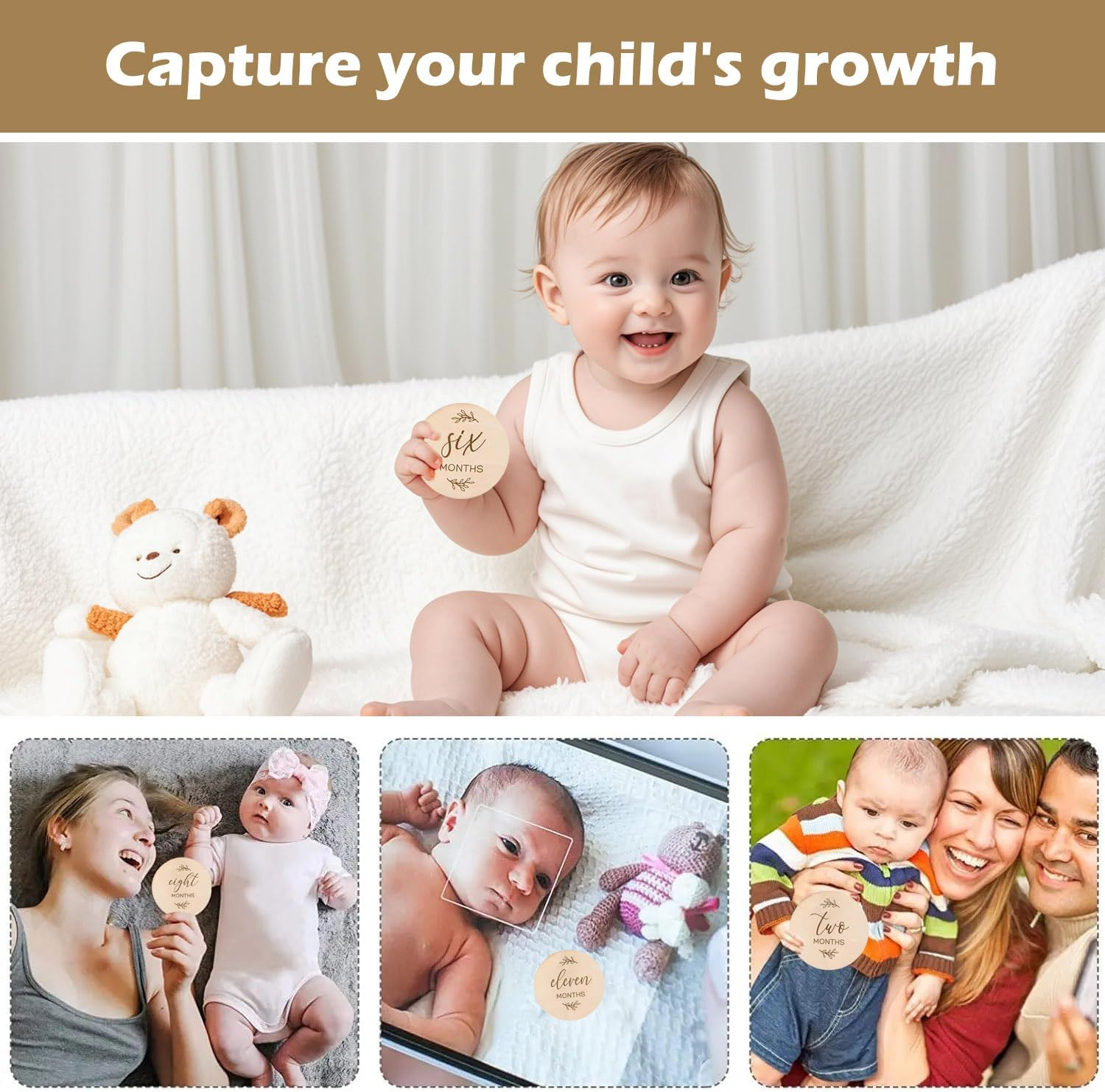 7 Pcs Baby Milestone Cards, Wooden Milestone Baby Cards, Double-Sided Wooden Monthly Newborn Welcome Signs, 10Cm round Month Baby Milestone Signs for New Parents Gift Set (Minimalism Theme) image number 1