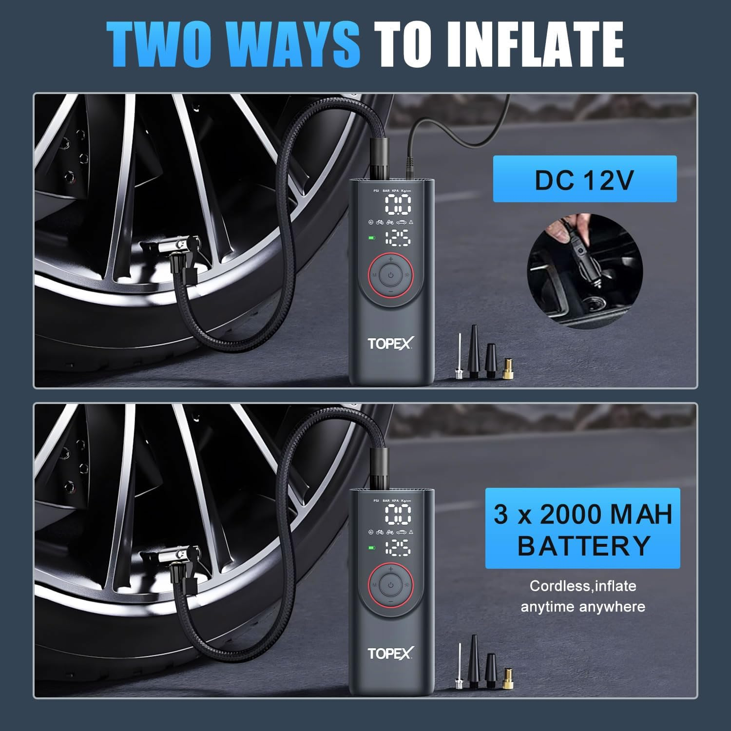 TOPEX 12V Car Tyre Inflator Portable Air Compressor Cordless Air Pump 150PSI Air Pump Dual Power Electric Tyre Pump with LED Light & LCD Display for Car/Motorcycle/Bike/Ball/Custom image number 3