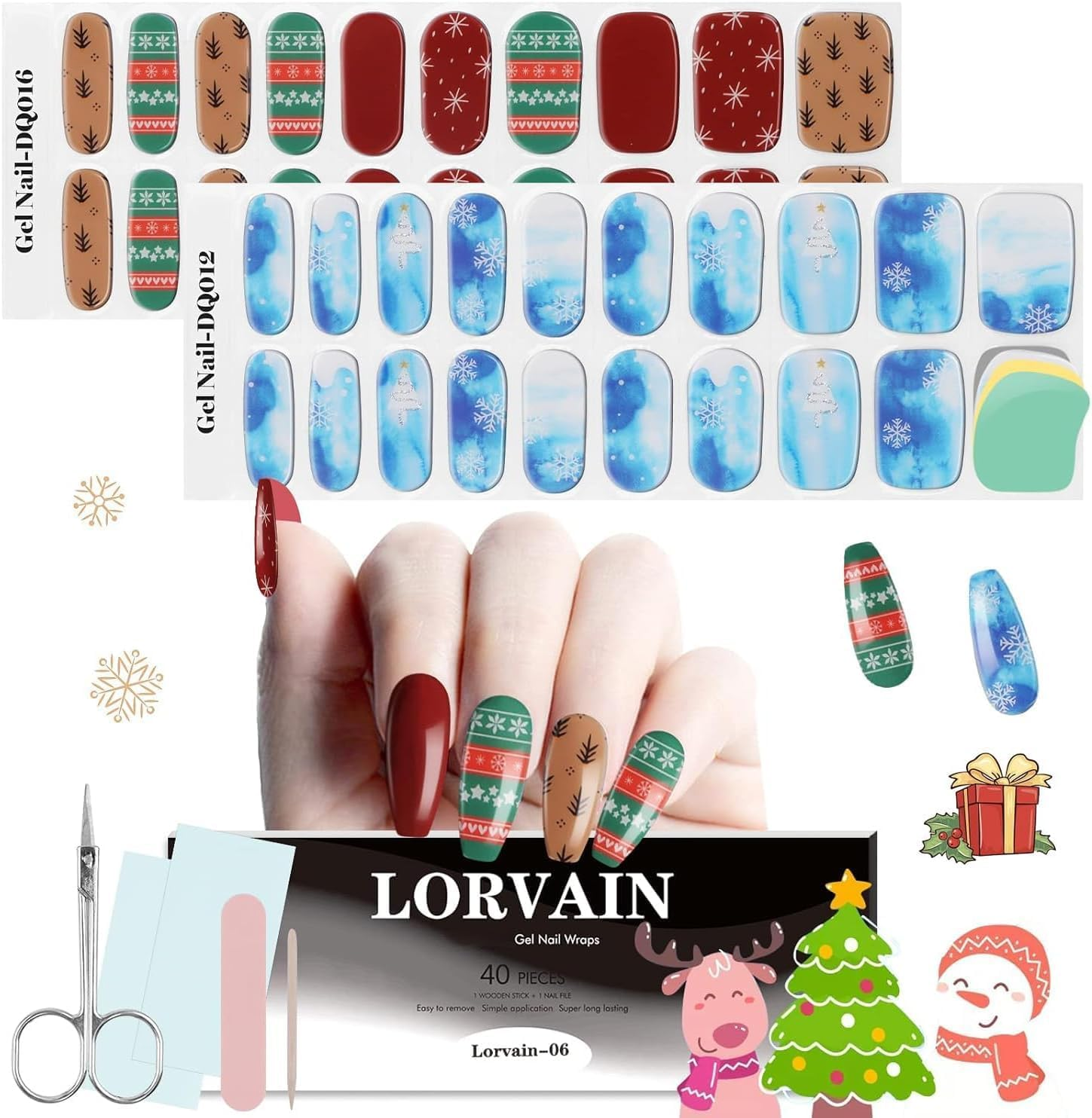 EBANKU Christmas Gel Nail Strips, Golden Red Gel Polish Strips - Long Lasting, Waterproof Full Nail Wraps - Includes Stick, File, Wipes & Sealing (UV/LED Lamp Required)