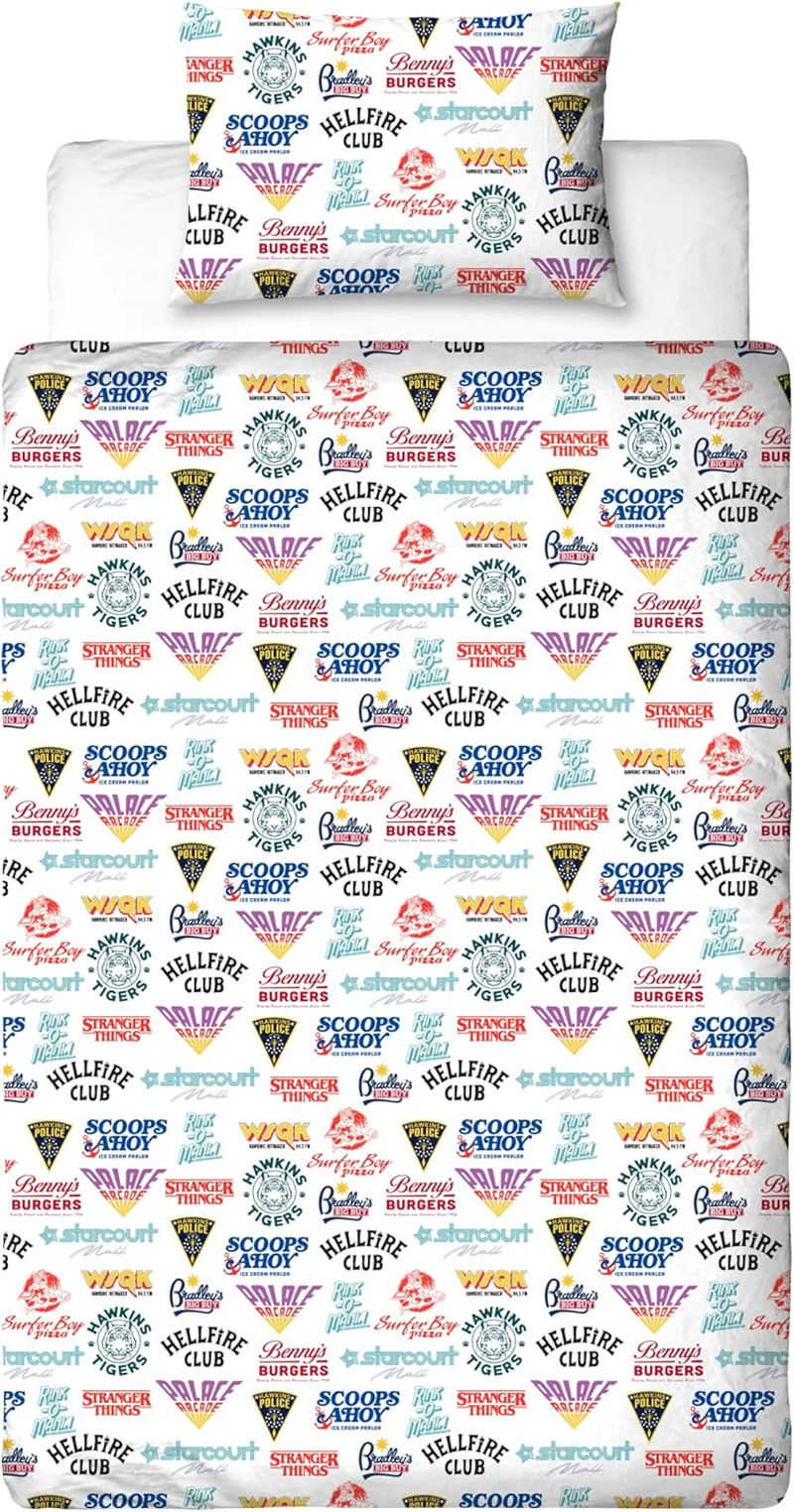 Stranger Things Official Single Duvet Cover | Gorgon Design, Reversible Easy Care Bedding 2 Sided Duvet Quilt Set with Matching Pillow Case, Multicolour Print with Hellfire Club, Hawkins Logos image number 2