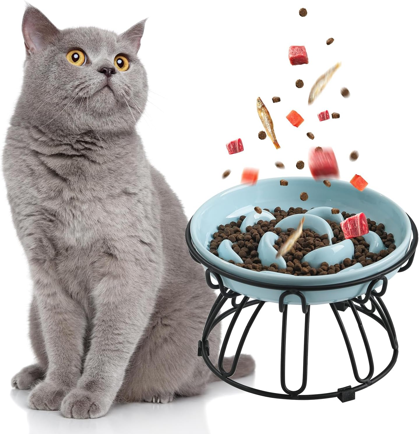 PTOBER Cat Slow Feeder &ndash; Anti-Overeating Cat Bowl with Non-Slip Metal Stand &ndash; Ceramic, Ivory White