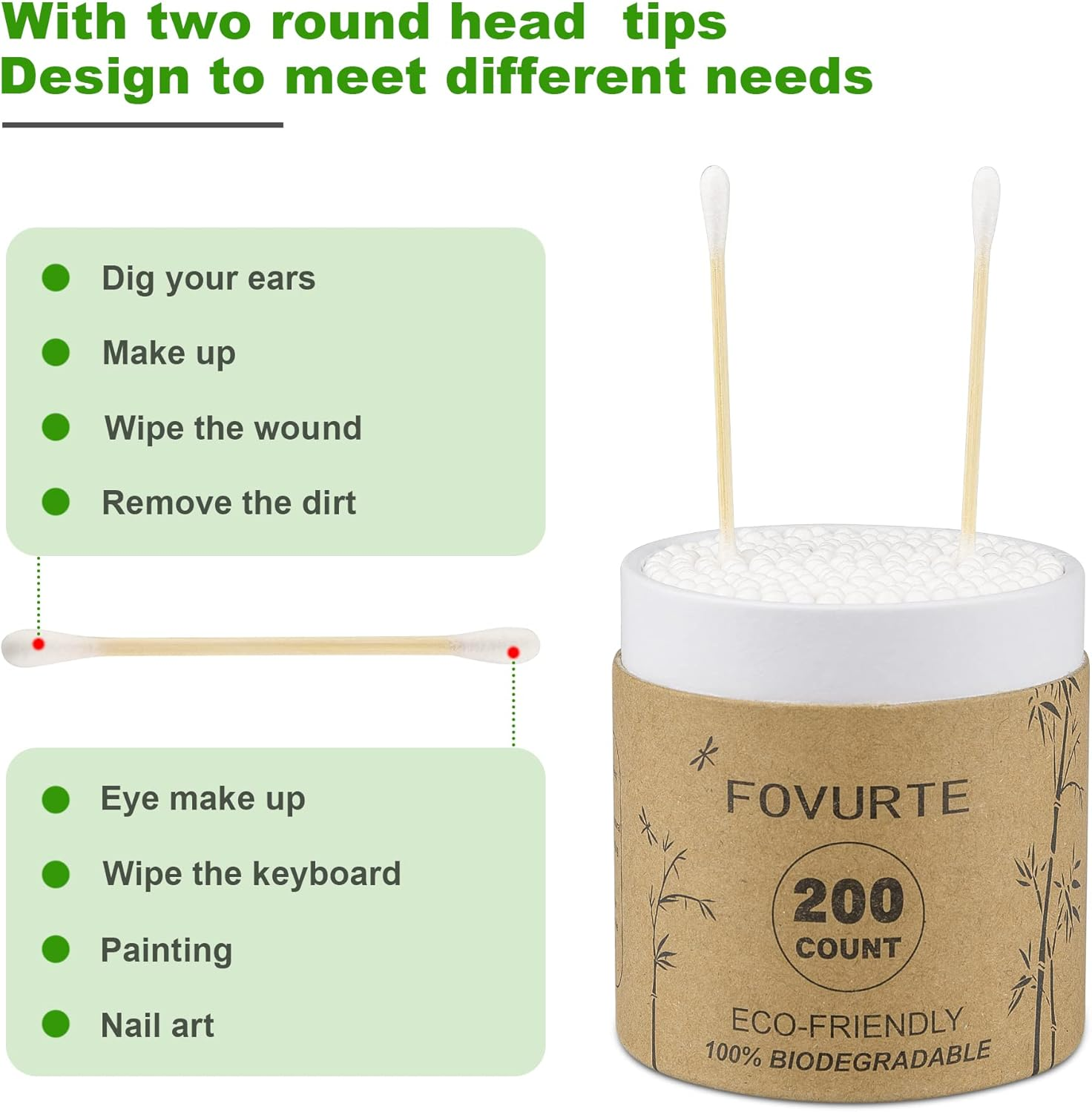 FOVURTE Bamboo Cotton Swabs 400 Count, Organic Cotton Swab round Tips, Natural Wooden Cotton Buds for Ears, Double Heads Ear Sticks Travel, Makeup Remover image number 3