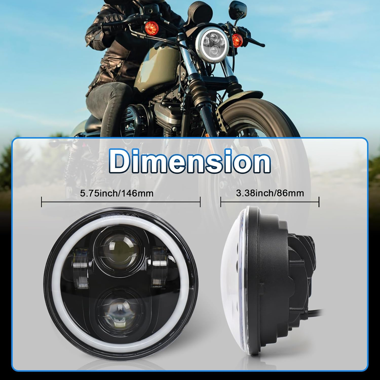 PXPART Motorcycle 5.75Inch Headlight with White DRL Halo Ring 5 3/4 Led Headlight Compatible with Davidson Sportster 883 1200 Dyna Street Bob Indian Scout