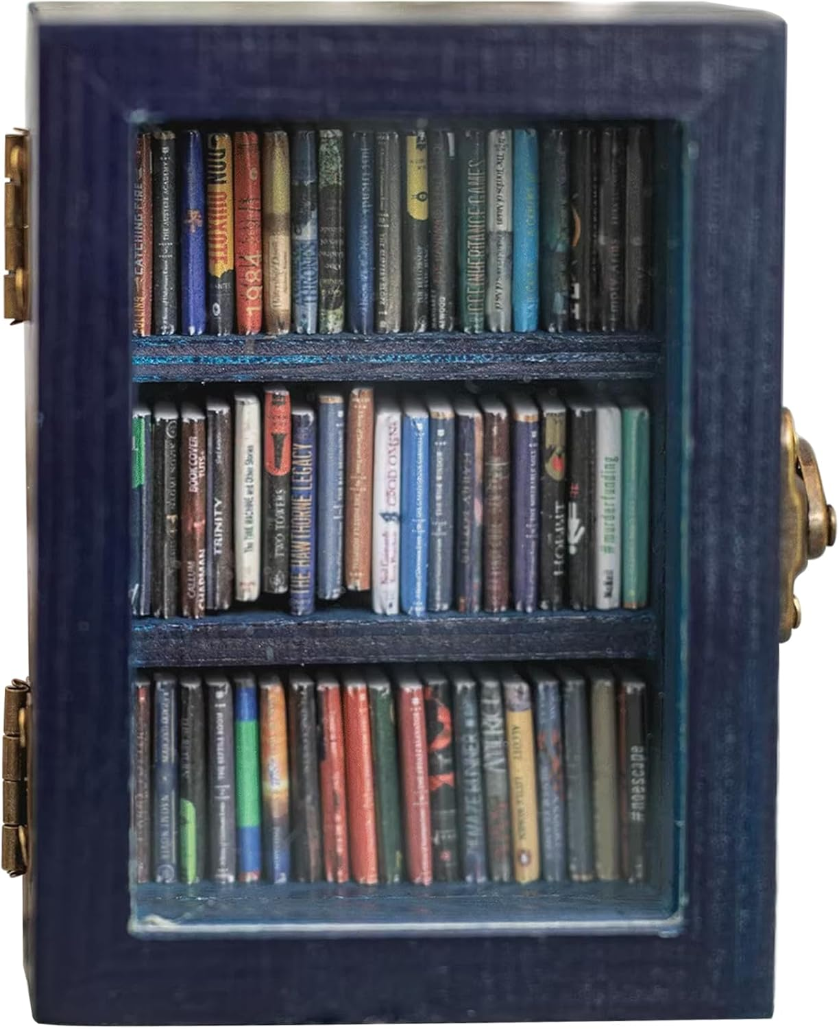 Miniature Book Library Decoration, Pocket Anxiety Bookshelf with 60 Mini Books, Handmade Antique Style Storage Display (Brown)