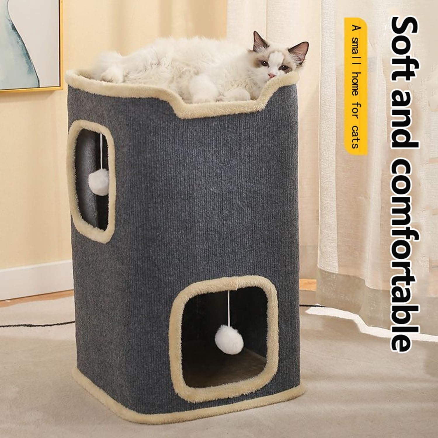 Indoor Cat House,Cat Cave, Covered Cat Hole Bed Furniture with Ball Hanging, Equipped with Concealed Apartments, Weighing up to 30 Pounds, 2-Story Cat Bed Cat House (Gray)