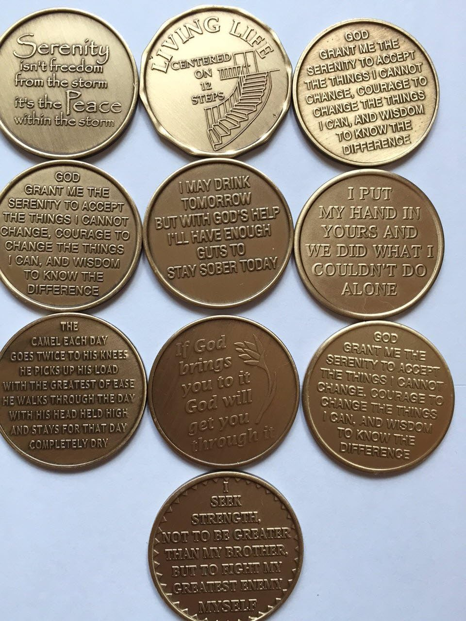 Sober-Sobriety-Serenity Set III (10 Total) Bronze AA (Alcoholics Anonymous) - Birthday / Anniversary / Recovery / Medallion / Coin / Chip image number 2