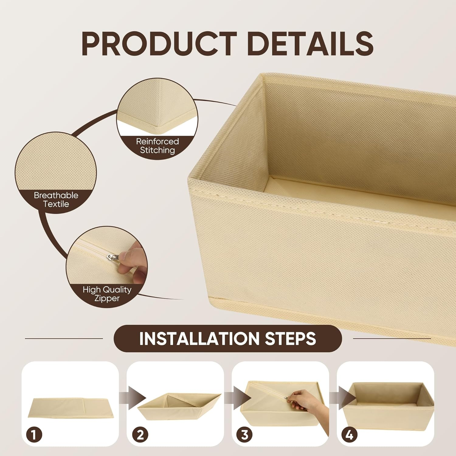 12 Pack Beige Drawer Organiser for Clothes - Drawer Dividers- Wardrobe Organiser for Clothes Storage - Baby Clothes - Closet Dresser Organizer - Bra, Underwear, Socks Organiser image number 2